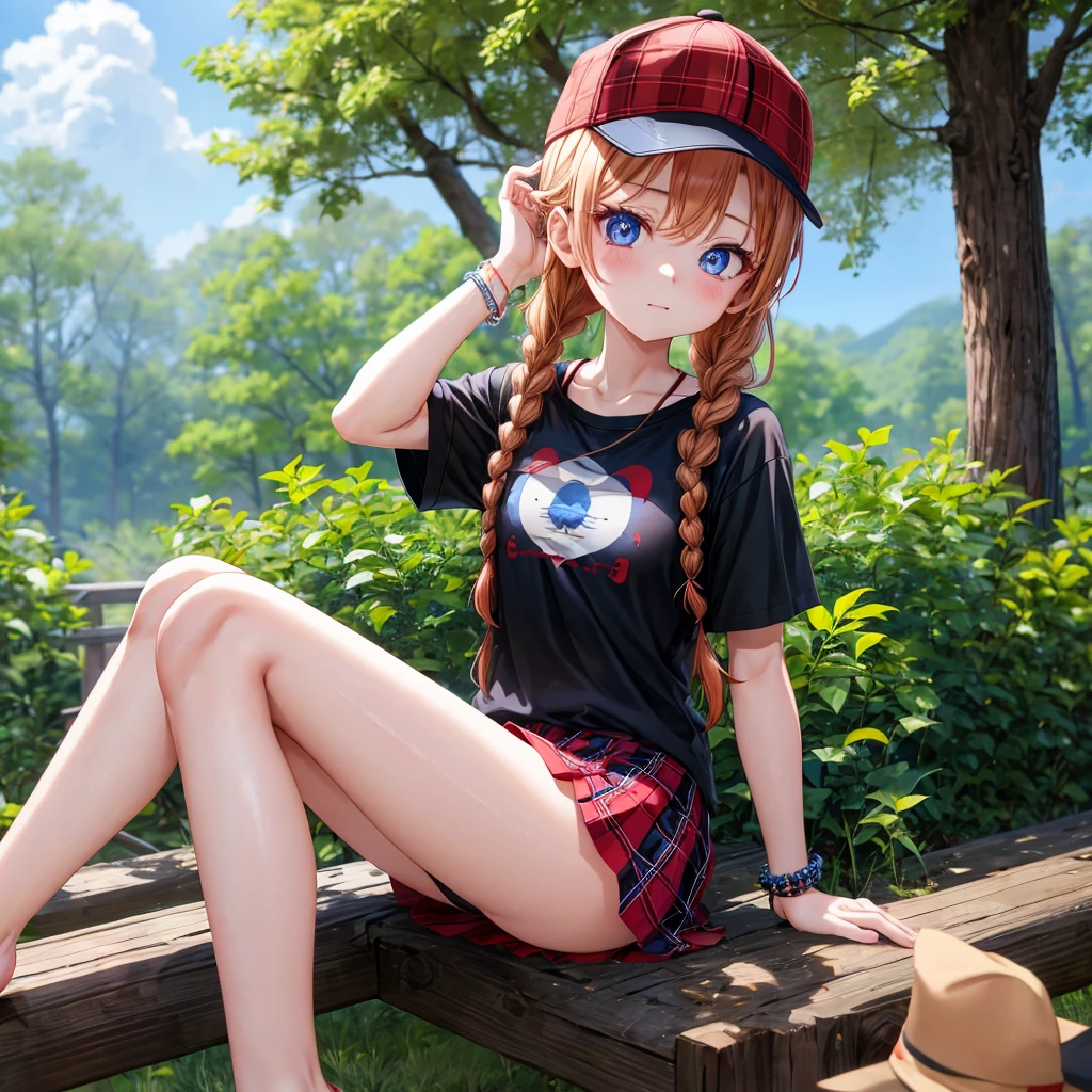 red blonde、blue eyess、Braids、one good looking girl、独奏、animesque、Plaid miniskirt、Black T-shirt、camisole、the woods、Sunlight、sitting on、Wearing a plaid baseball cap、bare-legged、small bracelet、Tilting your face