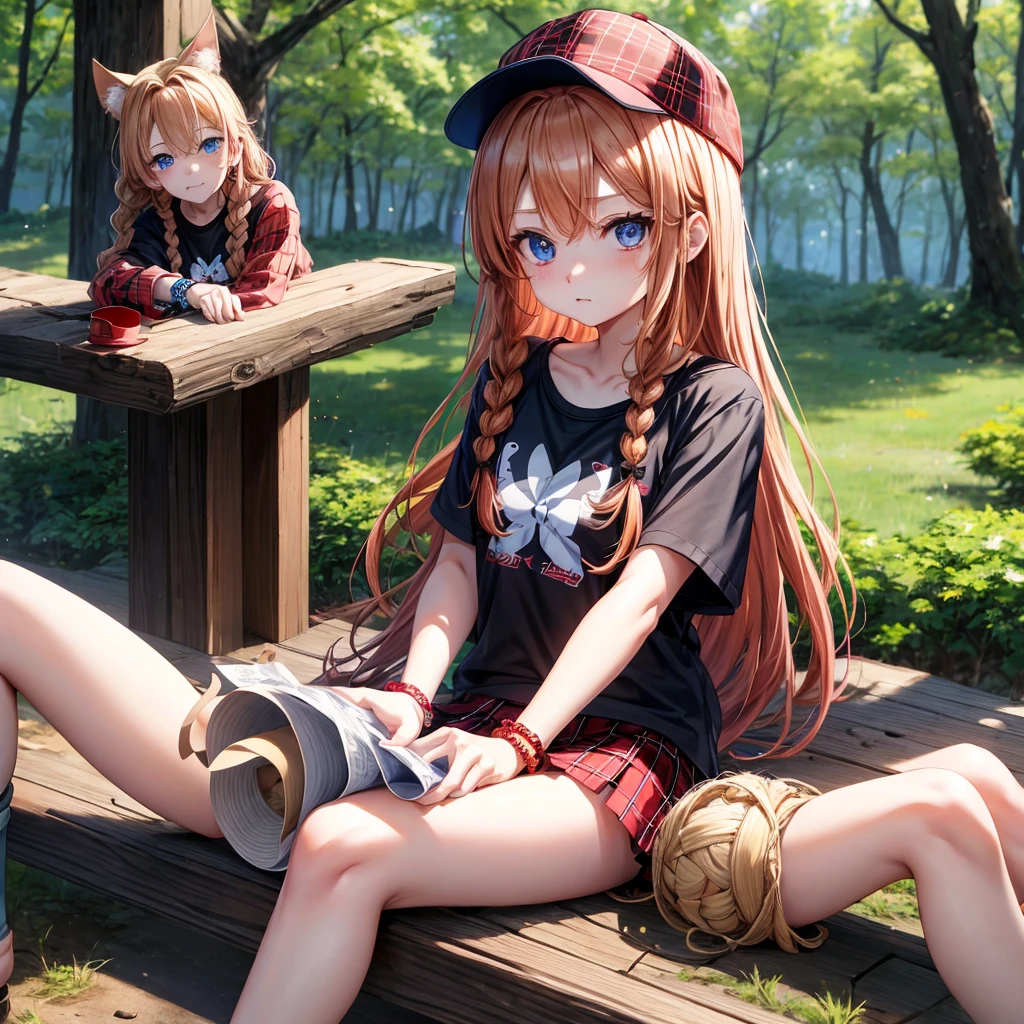red blonde、blue eyess、Braids、one good looking girl、独奏、animesque、Plaid miniskirt、Black T-shirt、camisole、the woods、Sunlight、sitting on、Wearing a plaid baseball cap、bare-legged、small bracelet、Tilting your face