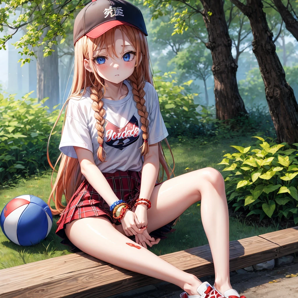 red blonde、blue eyess、Braids、one good looking girl、独奏、animesque、Plaid miniskirt、Black T-shirt、camisole、the woods、Sunlight、sitting on、Wearing a plaid baseball cap、bare-legged、small bracelet、Tilting your face