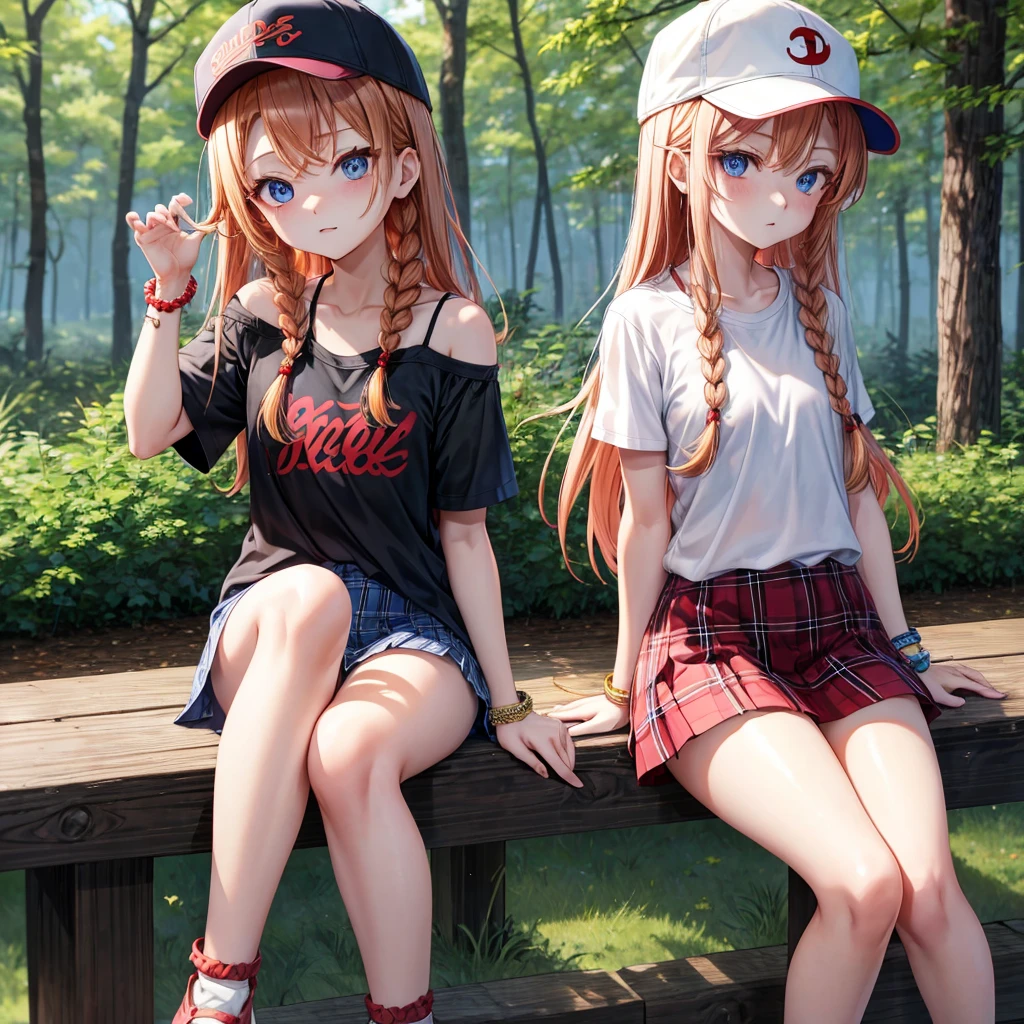 red blonde、blue eyess、Braids、one good looking girl、独奏、animesque、Plaid miniskirt、Black T-shirt、camisole、the woods、Sunlight、sitting on、Wearing a plaid baseball cap、bare-legged、small bracelet、Tilting your face