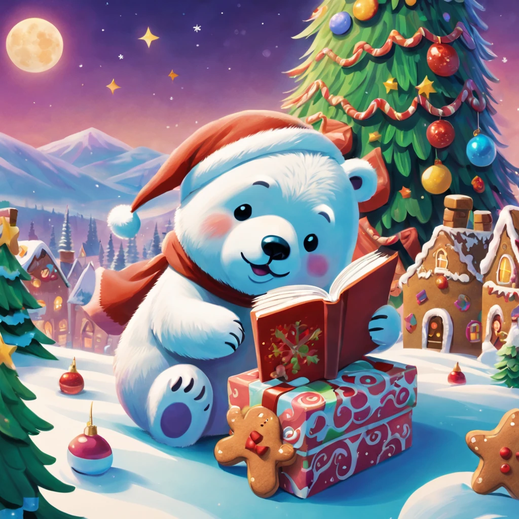 Best quality, 8K, A high resolution, tmasterpiece:1.2), ultra - detailed, (actual, realistically:1.37), Vibrant colors, Magical atmosphere, Whimsical, Sparkling，Fantasy Christmas World, themoon，(Snowy night in Christmas town)，((In the middle of the picture，Cute little polar bear wearing santa hat，Holding a book and a bag of cookies, Pour cookies into gift box，The chocolate bird lands on the gingerbread man，Christmas elements))，((Christmas tree，Sweets and snacks，sucrose，Christmas gifts)), and decorations, Lovely design style, natta，sky sky，moon full，Shown in this beautiful scene, Vibrant colors, hyper realisitc的, Psychedelic, Complicated details, Beautiful texture, Ethereal, like a dream, Soft glowing light, Charming Patterns, Fantasy creatures, Hidden surprises, dreamlike landscapes, hyper realisitc的 color palette, Mystic aura, hyper realisitc, Enchanting journey, psychedelic trip, vivid imagination, immersive experience, mysterious creature, otherworldly charm, glowing paths, Light up a dreamy and beautiful Christmas, hyper realisitc的天空, Whimsical Christmas elements, a magical encounter, Fascinating artwork