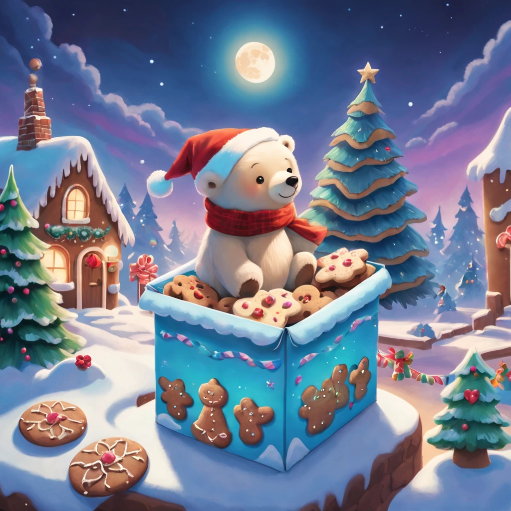 Best quality, 8K, A high resolution, tmasterpiece:1.2), ultra - detailed, (actual, realistically:1.37), Vibrant colors, Magical atmosphere, Whimsical, Sparkling,Fantasy Christmas World, themoon,(Snowy night in Christmas town),((In the middle of the picture,Cute little polar bear wearing santa hat,Holding a book and a bag of cookies, Pour cookies into gift box,The chocolate bird lands on the gingerbread man,Christmas elements)),((Christmas tree,Sweets and snacks,sucrose,Christmas gifts)), and decorations, Lovely design style, natta,sky sky,moon full,Shown in this beautiful scene, Vibrant colors, hyper realisitc的, Psychedelic, Complicated details, Beautiful texture, Ethereal, like a dream, Soft glowing light, Charming Patterns, Fantasy creatures, Hidden surprises, dreamlike landscapes, hyper realisitc的 color palette, Mystic aura, hyper realisitc, Enchanting journey, psychedelic trip, vivid imagination, immersive experience, mysterious creature, otherworldly charm, glowing paths, Light up a dreamy and beautiful Christmas, hyper realisitc的天空, Whimsical Christmas elements, a magical encounter, Fascinating artwork