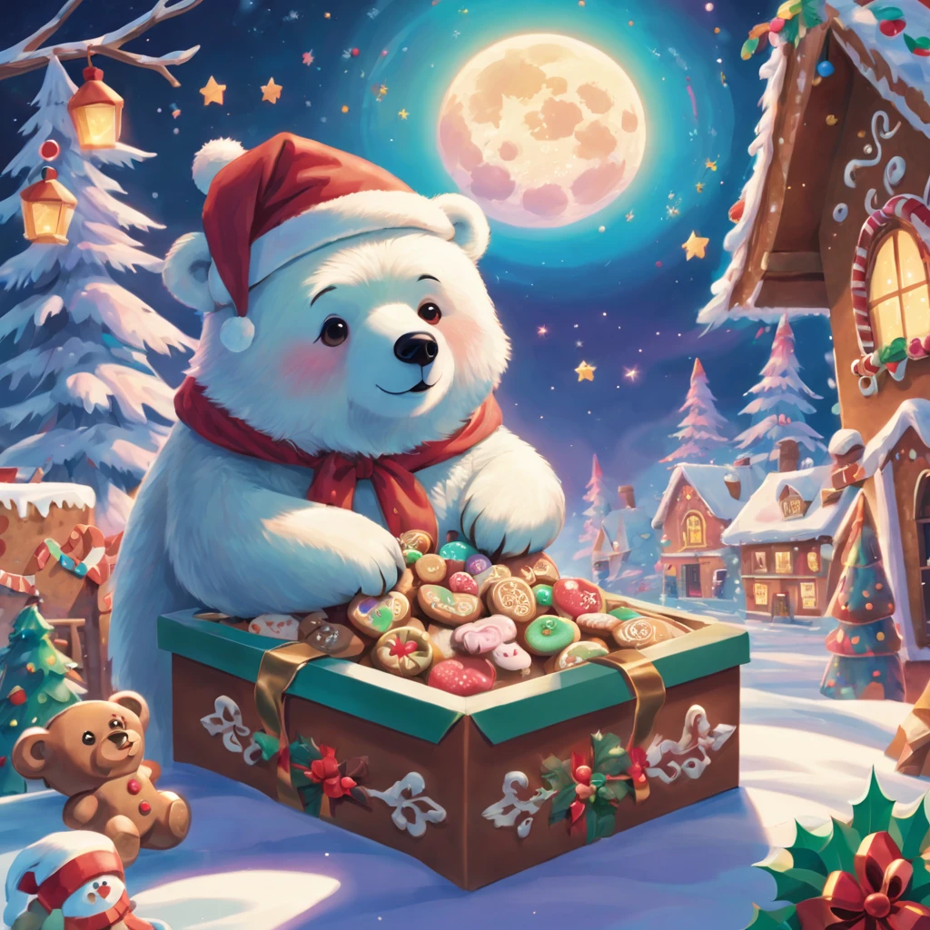 Best quality, 8K, A high resolution, tmasterpiece:1.2), ultra - detailed, (actual, realistically:1.37), Vibrant colors, Magical atmosphere, Whimsical, Sparkling，Fantasy Christmas World, themoon，(Snowy night in Christmas town)，((In the middle of the picture，Cute little polar bear wearing santa hat，Holding a book and a bag of cookies, Pour cookies into gift box，The chocolate bird lands on the gingerbread man，Christmas elements))，((Christmas tree，Sweets and snacks，sucrose，Christmas gifts)), and decorations, Lovely design style, natta，sky sky，moon full，Shown in this beautiful scene, Vibrant colors, hyper realisitc的, Psychedelic, Complicated details, Beautiful texture, Ethereal, like a dream, Soft glowing light, Charming Patterns, Fantasy creatures, Hidden surprises, dreamlike landscapes, hyper realisitc的 color palette, Mystic aura, hyper realisitc, Enchanting journey, psychedelic trip, vivid imagination, immersive experience, mysterious creature, otherworldly charm, glowing paths, Light up a dreamy and beautiful Christmas, hyper realisitc的天空, Whimsical Christmas elements, a magical encounter, Fascinating artwork