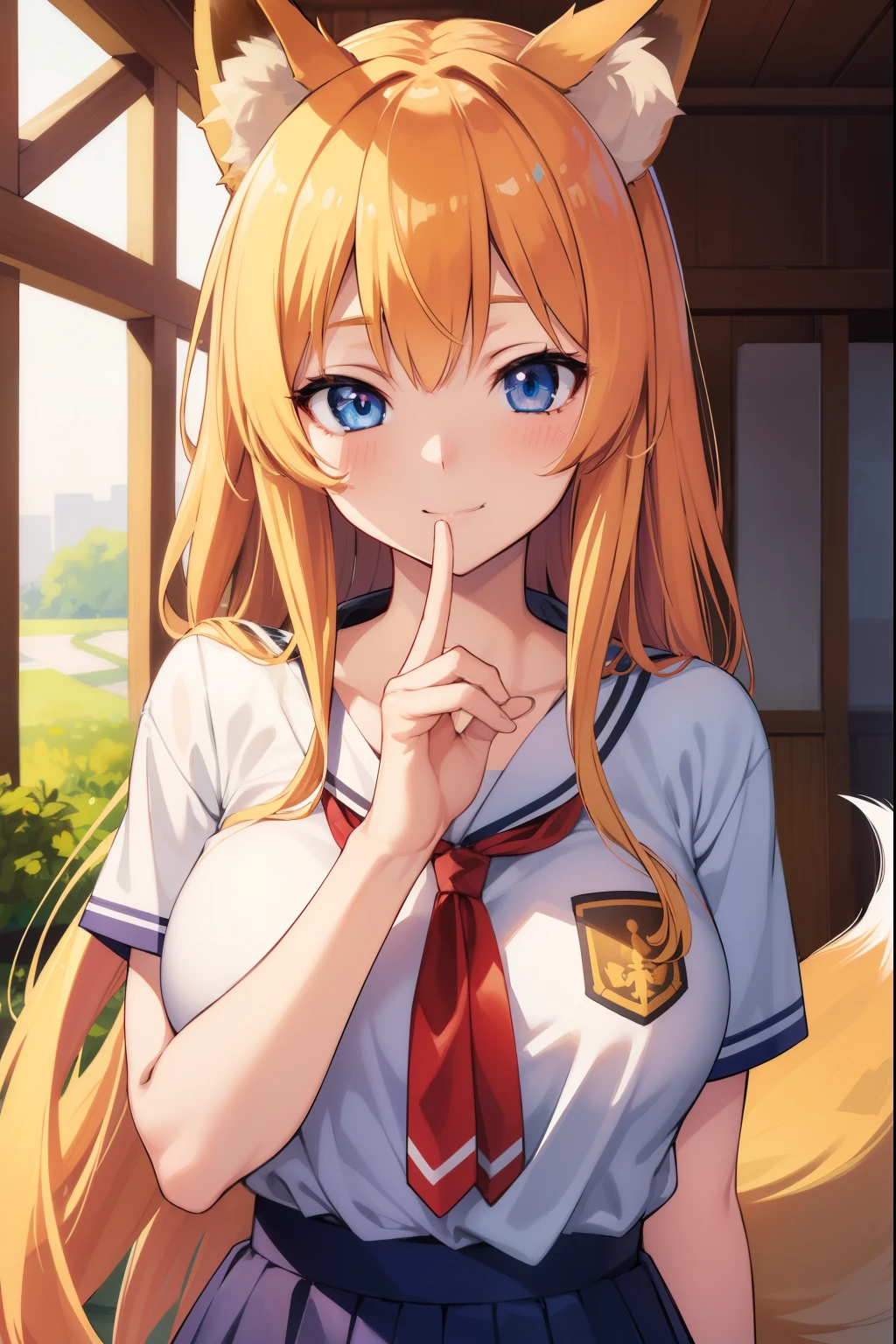 animal ear fluff, Animal ears, Fox ears, Fox Girl, Fox tail, Golden hair, tail, school shirt, Colossal breasts,A smile, Blushing cheeks,  On the porch of the Japanese-style room,
looking at the viewers, 
BREAK (masutepiece:1.2), Best Quality, High resolution, Unity 8k壁纸, (Illustration:0.8), (Beautiful detailed eyes:1.6), extra detailed face, Perfect Lighting, extremely details CG, (Perfect hands, Perfect Anatomy),Upper body portrait