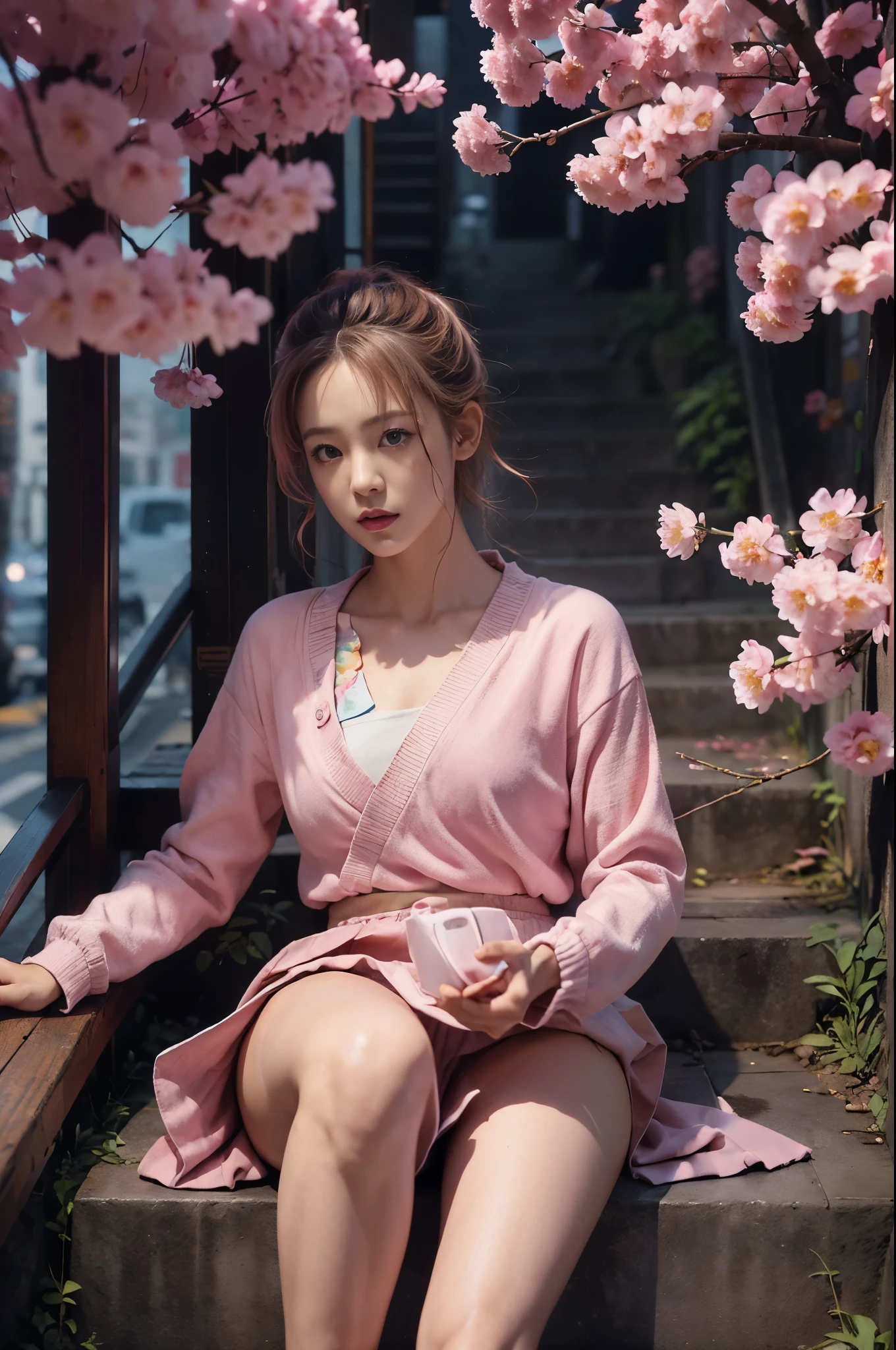 magenta tint、vibrant with colors、8k,((tmasterpiece)))、(((quality)))、((ultra - detailed))、(Surreal)、(Very detailed CG illustration)、offcial art、CD cover、It will be、midsummer、The glorious 1980s、1 Sister,Slender thighs,Cool beauty、pretty eyes、Superskirt、butt lift,perfect angle、Perfectcomposition、(twilight,stairways,Sakura tree,Yunxia,Corner store,fanciful_A WORLD),