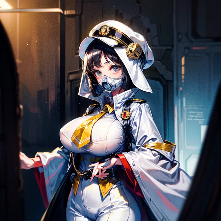(((masterpiece)))、(((top-quality)))、((highly detailed unity 8kwall-paper))、(Illustration of one woman)、30-years old、(Viceroy)、Black hair bob cut、((Face covering gas mask))、Gray eyes、((Sanpaku eyes))、((Tall))、((huge tit))、((Military uniforms))、((Military Cap))、((Military coat))、(white clothes)、(White pants)、(White cap)、trench coat、((Inside the spaceship))
