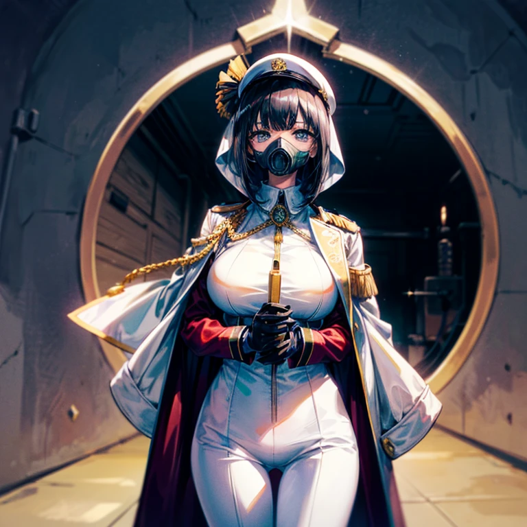 (((masterpiece)))、(((Top image quality)))、(((top-quality)))、((highly detailed unity 8kwall-paper))、(Illustration of one woman)、30-years old、(Viceroy)、Black hair bob cut、((Face covering gas mask))、Gray eyes、((Sanpaku eyes))、((Tall))、((huge tit))、((Military uniforms))、((Military Cap))、((Military coat))、(white clothes)、(White pants)、(White cap)、trench coat、((Inside the spaceship))
