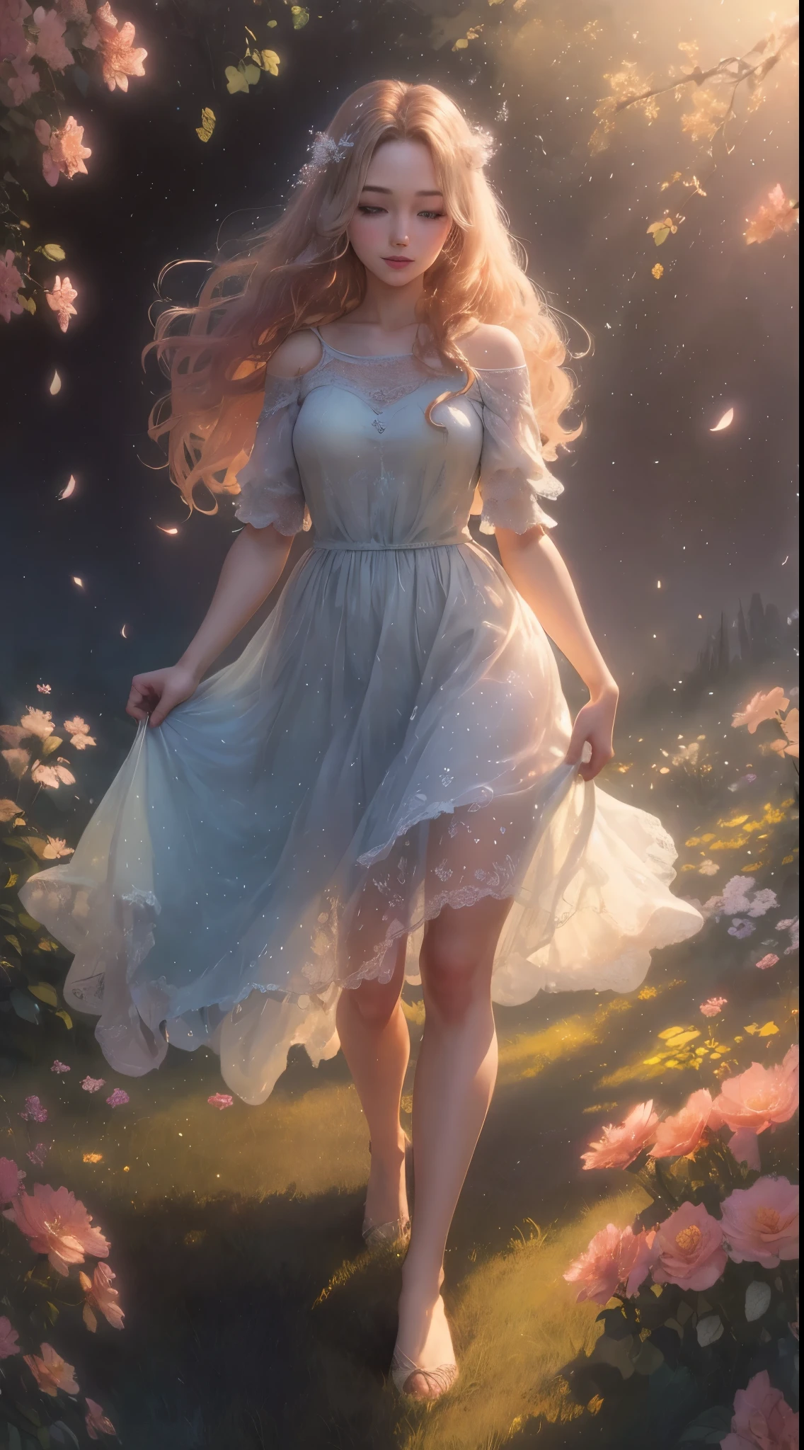 (best quality,4k,8k,highres,masterpiece:1.2),ultra-detailed,(realistic,photorealistic,photo-realistic:1.37),beautiful girl,gazing at the sunrise,sun rising in the east,enchanting warm dawn,golden-pink hues,freshness and transparency,illustration,dreamy scene,serene garden,soft morning light,blooming flowers,whispering gentle breeze,peaceful atmosphere,morning dew on green grass,sparkling water droplets,clear blue sky,birds singing in harmony,colorful butterflies dancing around,the girl's captivating eyes, long eyelashes,and flawless complexion,flowing golden wavy hair,fresh morning makeup,with rosy lips and bright smile,feminine floral dress,graceful posture,strolling among the blooming roses,twinkling sunlight filtering through the leaves,creating beautiful patterns of shadows,distant mountains painted with pastel colors,soothing sounds of nature,capturing the beauty of a new day,portraying the magic of sunrise in an exquisite painting