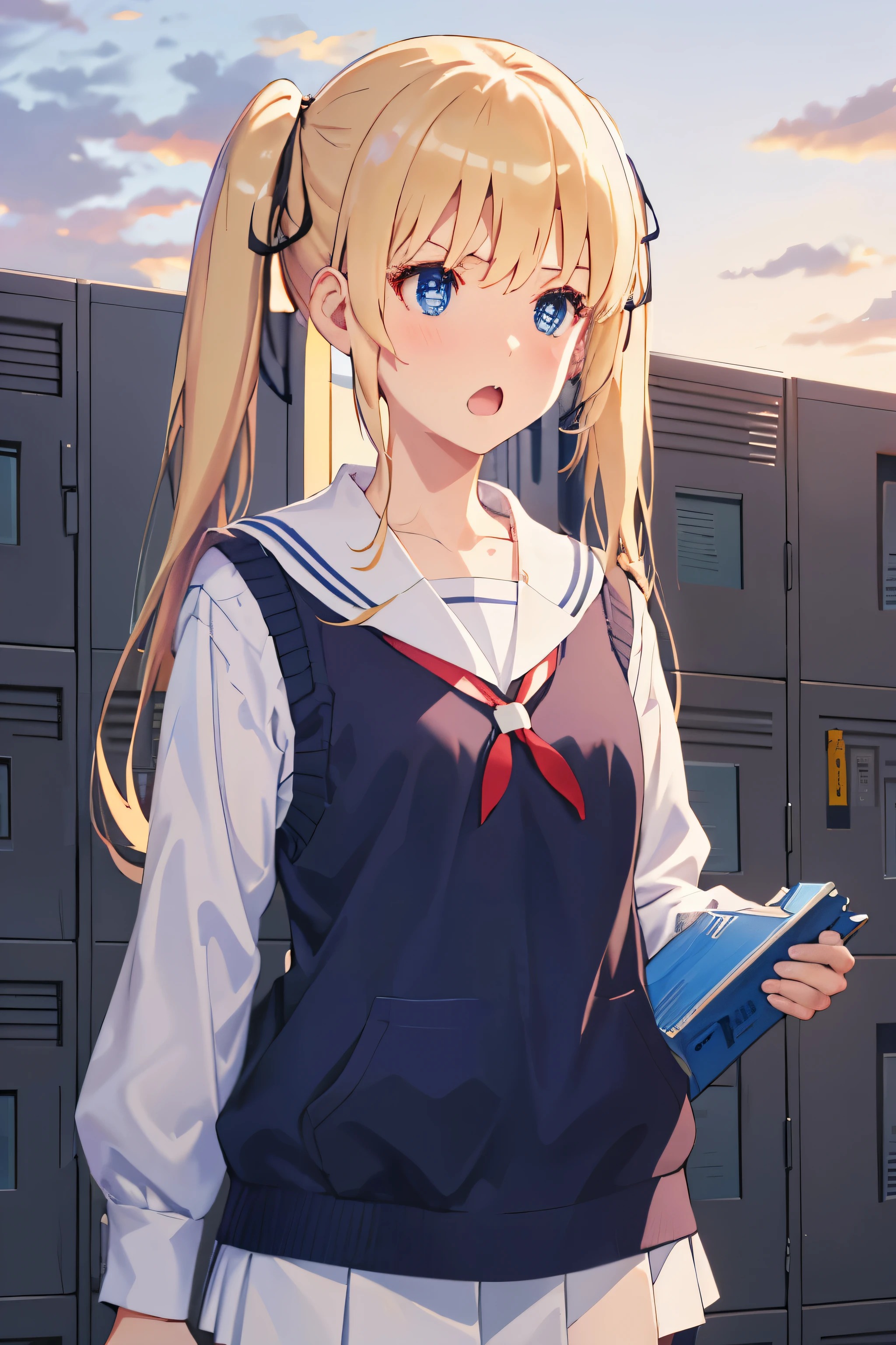 ph_eriri, sawamura spencer eriri, 1girl, blonde hair, blue eyes, school uniform, twintails, solo, fang, long hair, open mouth, hair ribbon, locker, anime coloring, parody, serafuku, blush, bangs, sweater vest, black ribbon, cloudy sky, sky, trees, (masterpiece:1.6, best quality), (finely detailed beautiful eyes: 1.2), 
, (masterpiece:1.6, best quality), (finely detailed beautiful eyes: 1.2),