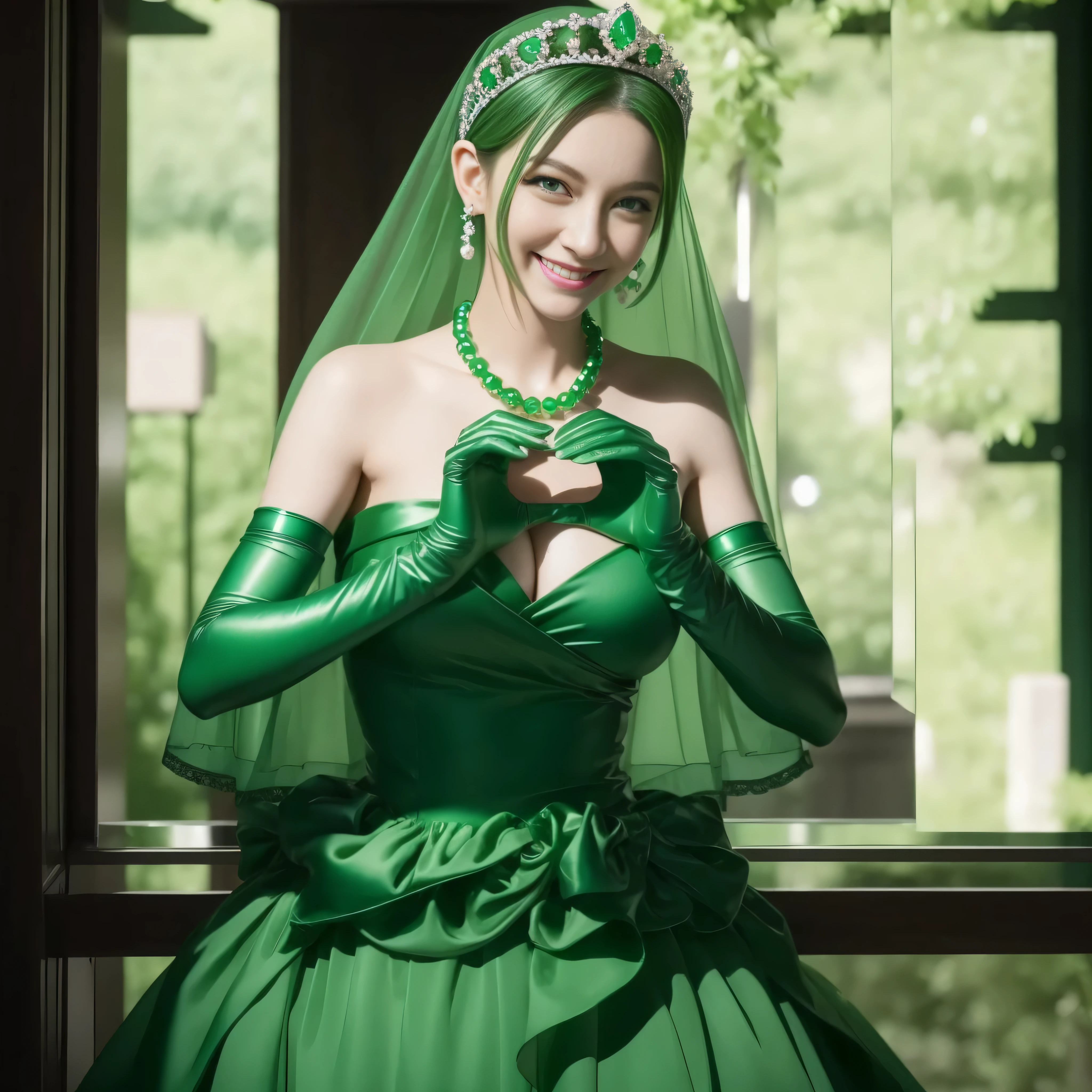 emerald tiara, Green Pearl Necklace, Boyish very short green hair, lipsticks, Japan woman smiling, very short short hair, big breasts beautiful, Green eyes, Long green gloves made of satin material, Green eyes, Emerald Earrings, green vale, Heart with both hands