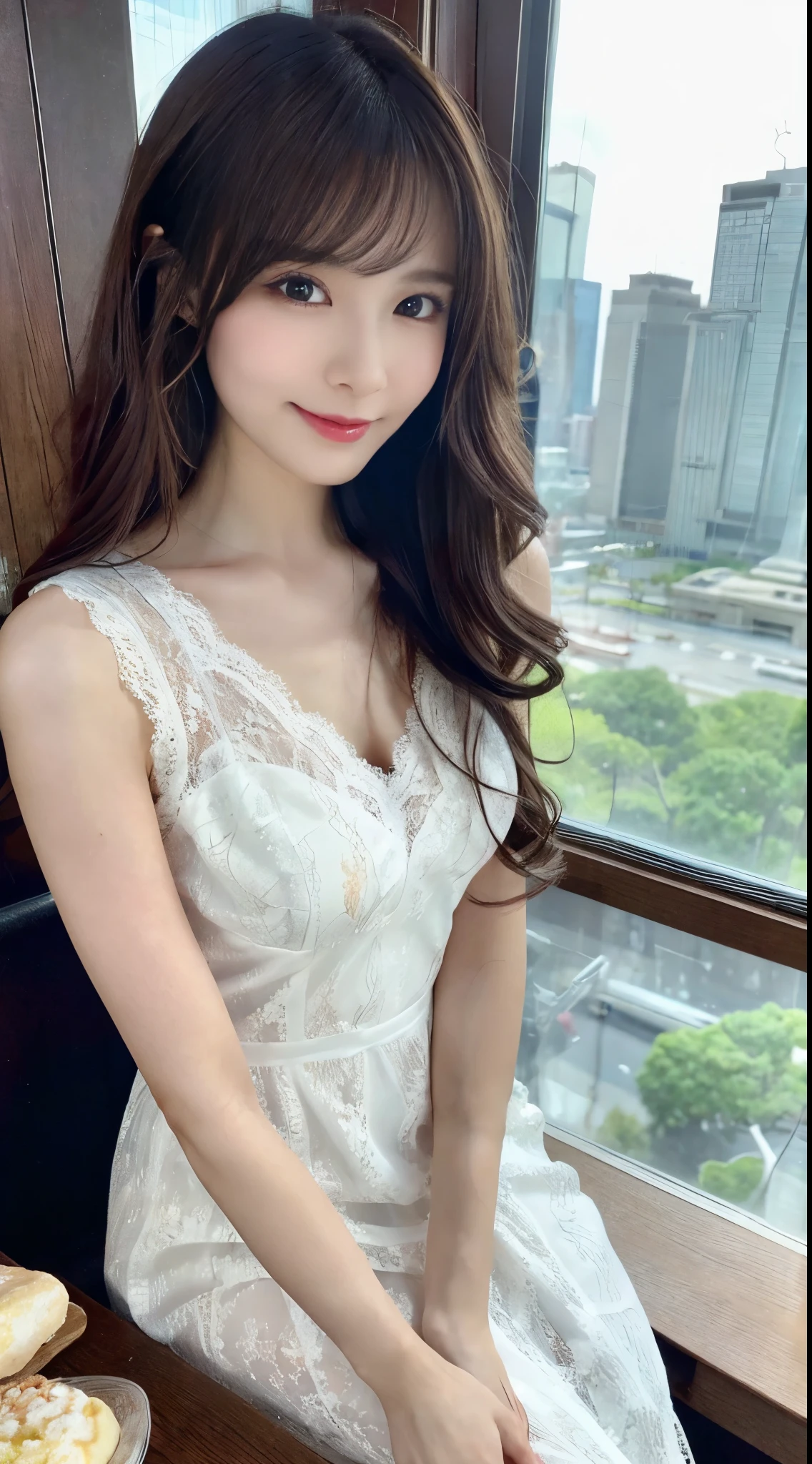 （1girll:1.2），(8K, Best Quality, tmasterpiece), (Realistic, Photorealsitic:1.37), ultra - detailed, adolable, 独奏, 可adolable日本人女性,brown haired,By bangs, Curly, Hair on the shoulders, beautiful and delicate eyes,Eyes speak，long eyelasher, ssmile，Moisturizes skin,V Neck White Lace Dress，Magnificent view，Evocative，so sexy，Bright sunshine、细致背景、