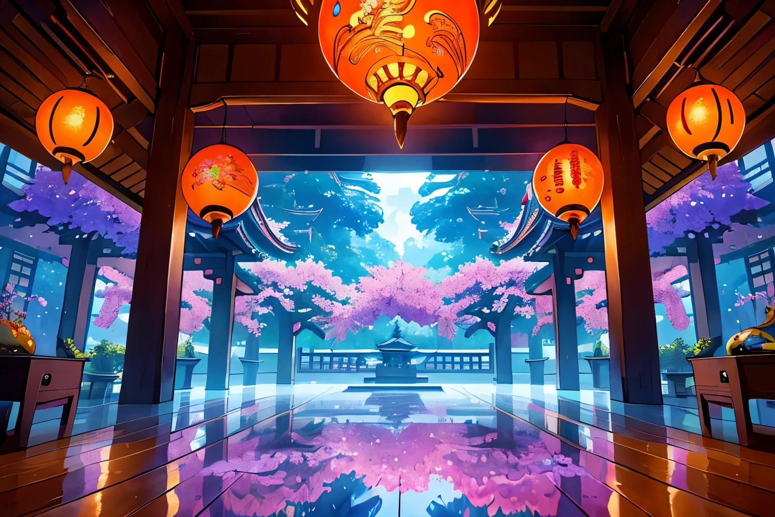 Immerse yourself in a (masterpiece, best quality, CGI:1.2) artwork that brings to life a fantastic vortex of colors in a vibrant magical realm, top quality, 8k, perfect lighting and composition, bloom, (gradients), evening, indoors, east asian architecture, reflective floor, wooden floor, human furniture, (intricate details:1.2), (glowing flora and fauna:1.2), creating a whimsical and enchanting atmosphere, (no humans:1.3), hatching (texture), courtyard in background, (blurry foreground:1.1), deep depth of field, floating particles