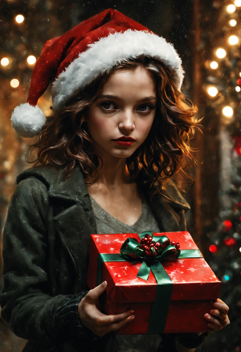 girl with Christmas gift, (by Casey Baugh), intricate, (masterpiece, Representative work, official art, Professional, unity 8k wallpaper:1.3)