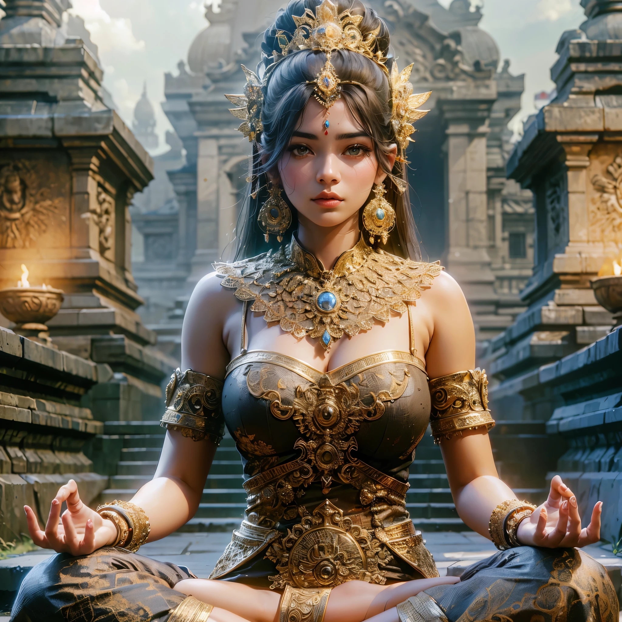 there is a woman with large breast show her cleaveage sitting in a lotus position in a temple, unreal engine render + a goddess, goddess. extremely high detail, extremely detailed goddess shot, 3 d render character art 8 k, cinematic goddess shot, 3 d goddess portrait, a beautiful fantasy empress, beautiful goddess, 8k high quality detailed art, hindu aesthetic, cinematic goddess close shot, masterpiece, best quality:1.2),,(8k,highres,RAW photo,realistic,photo-realistic:1.3),(detailed skin texture,detailed cloth texture,beautiful detailed face:1.25),professional lighting,photon mapping,beautiful soft light,radiosity,physically-based rendering,raytracing, model shoot style, model shoot style, (extremely detailed CG unity 8k wallpaper), full shot body photo of the most beautiful artwork in the world