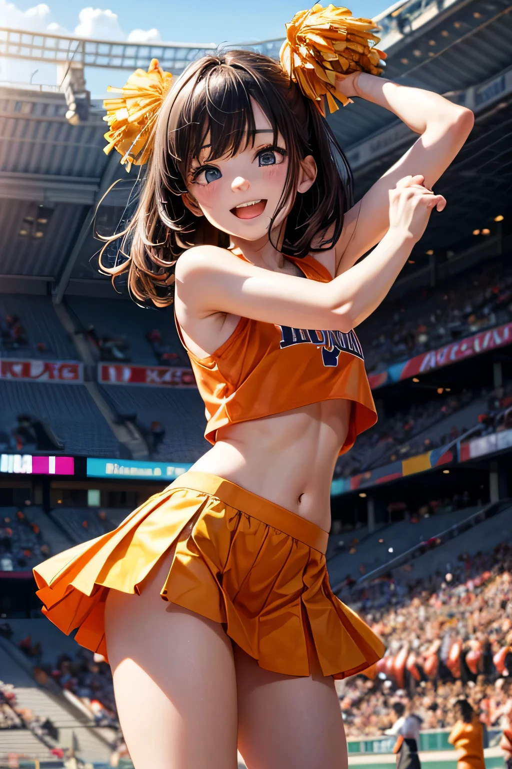 very cute and beautiful cheerleader girl,(very detailed beautiful face and eyes:1.2),(holding a pom pom:1.2),(Laugh),
(Stadium Stand),Cowboy Shot,Dynamic Pose,White panties,(orange sleeveless shirt),Beautiful legs,Dynamic Angle,Black hair,
(Best Quality,masutepiece:1.2),Intricate details,Extremely detailed,Ultra-detailed,hight resolution,Looking at Viewer,
Natural lighting,Hair fluttering in the wind,Beautiful detailed sky,