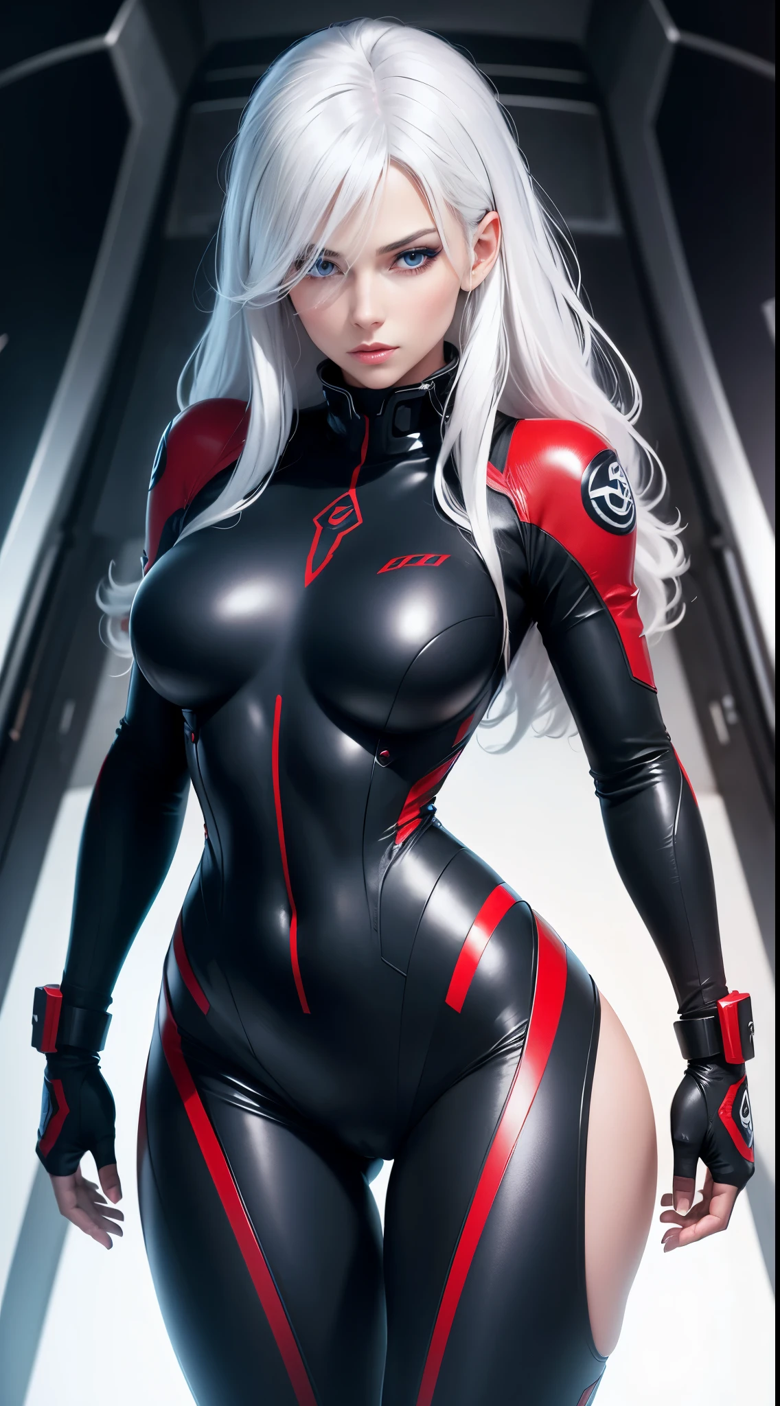 1 woman, white hair, blue eyes, perfect body, in black and red eva pilot suit (tight and revealing), sexy pose, makeup, (masterpiece), (high quality), (4K), (highly detailed)