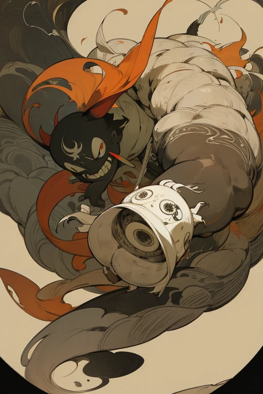((Chojugiga)), ((Shihon Bokuga)), antique, (anthropomorphism), (Sumi-e), Monochrome art, (Old paper style illustration), (hunting paintings), Mural style, Little monster, old performance, variational pointillism, flat illustration, eerie, horror elements, eerie worldview, (primitive art), Outline warm color, old picture scroll style, old staging, Ancient mural style