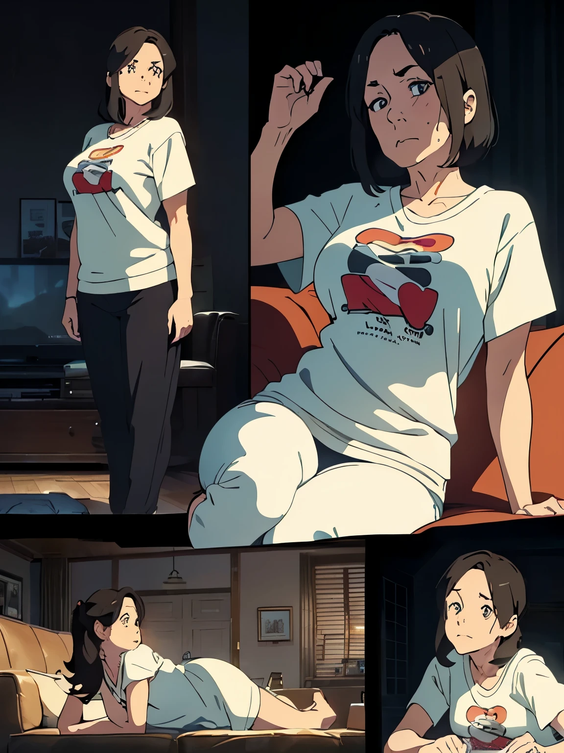 ((Best Quality,4K,8K,masutepiece)), 1woman,T-shirt, sweat pants, room slipper, sofa, A woman is sitting on the sofa and watching TV, (CharacterDesignSheet:1.3, Same character, front, Side, Back,Various expressions) , (multiple views), from below, (Anime style:1.3), (hyperdetailed body), (hyperdetailed Face), (Narrow eyes), (((tareme))), (((Mother:1.3))), (Mature Woman),(woman, 50 years old), (Large breasts:1.1), (Large buttocks:1.2), sagging breasts, droopy chest, Swaying breasts, bouncing breasts, Natural wrinkles, wrinkled Face, (Plump body:1.3), Chubby, Voluptuous, Dark hair, medium bob hair, Forehead, long Face, night, living room, Moody lighting, Japanese anime, (Dark background:1.3), (full body:1.3),