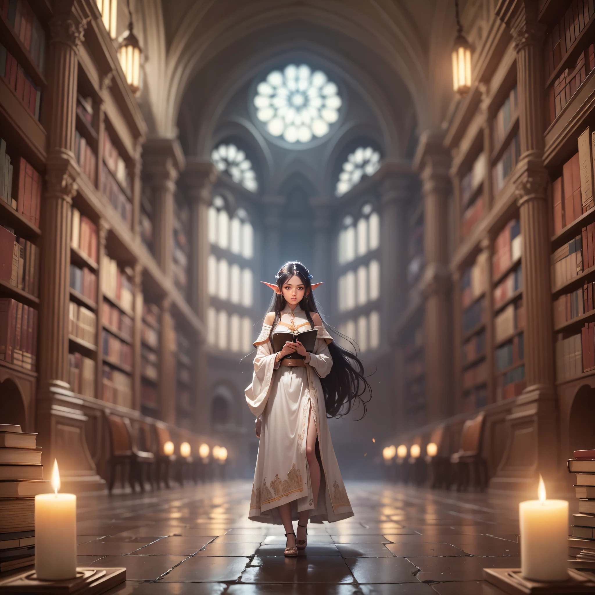 Aria, bathed in the soft glow of candlelight, stands amidst ancient manuscripts in the Elven library. The air is filled with a sense of mystery as she discovers the forgotten prophecy, her eyes widening with a mixture of curiosity and trepidation. --auto --s2