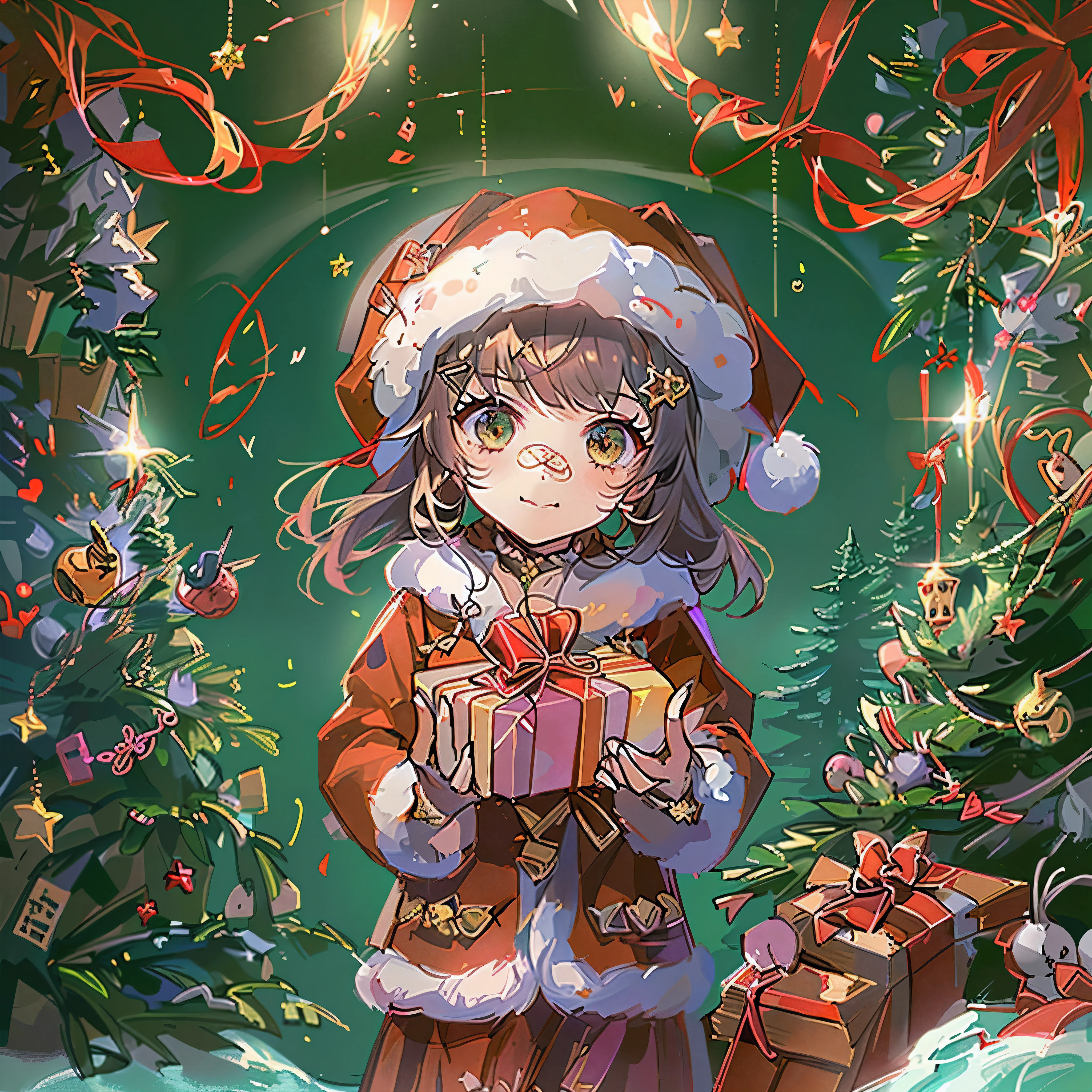 christmas，enviroment，A cute girl，wearing christmas clothes，Accept gifts，Anatomical correct，（high high quality），（A high resolution）,The content is very detailed