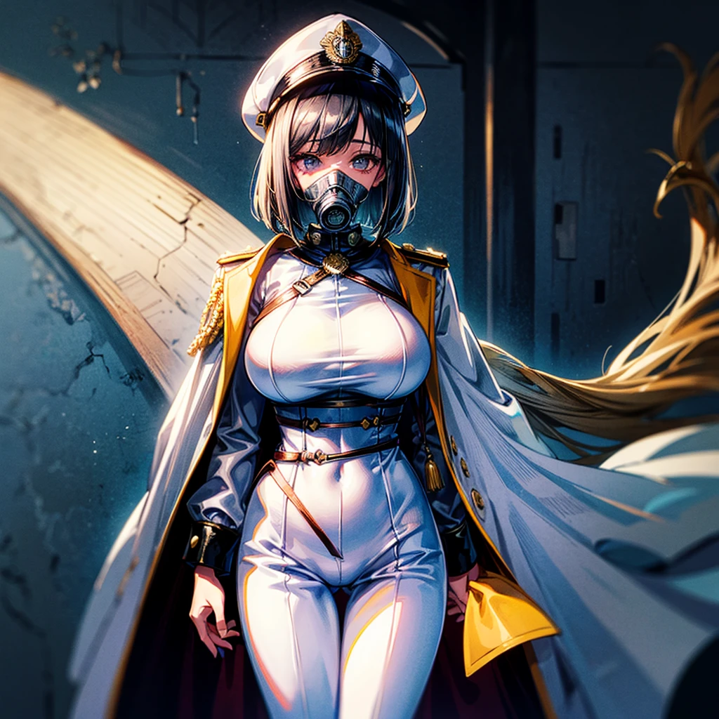 (((masterpiece)))、(((top-quality)))、((highly detailed unity 8kwall-paper))、(Illustration of one woman)、30-years old、(Viceroy)、Black hair bob cut、((Face covering gas mask))、Gray eyes、((Sanpaku eyes))、((Tall))、((huge tit))、((Military uniforms))、((Military Cap))、((Military coat))、(white clothes)、(White pants)、(White cap)、trench coat、((Inside the spaceship))