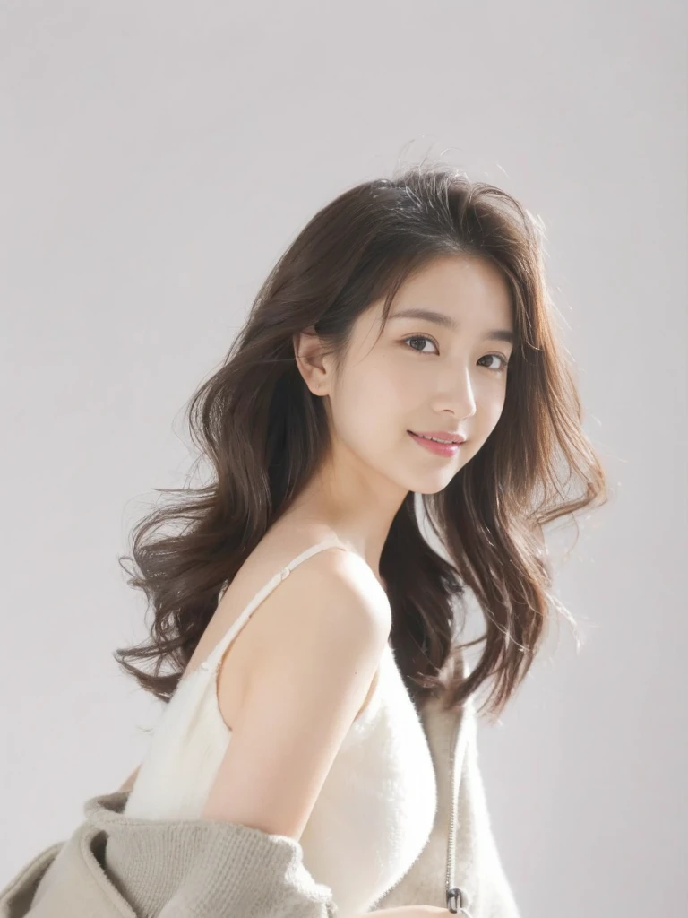 (On a table, Best quality, realistically, ultra - detailed, meticuloso, A high resolution, 8k wallpaper), Close-up portrait of a beautiful woman, Chariada, Smiling, light brown messy hair, Perfect dynamic composition, 美丽meticuloso的眼睛, Just like the cover of a fashion magazine, On campus