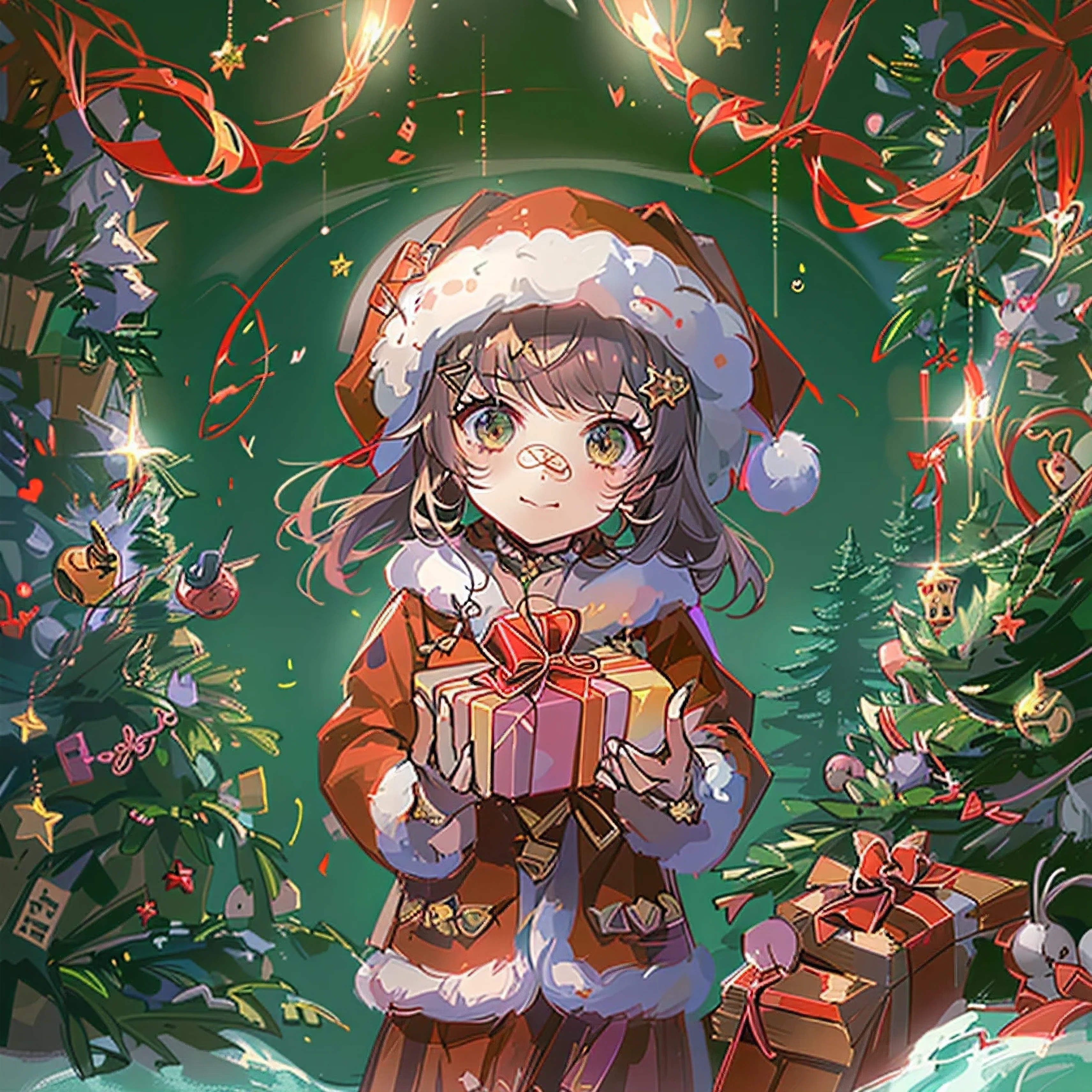 christmas，enviroment，A cute girl，wearing christmas clothes，Accept gifts，Anatomical correct，（high high quality），（A high resolution）,The content is very detailed