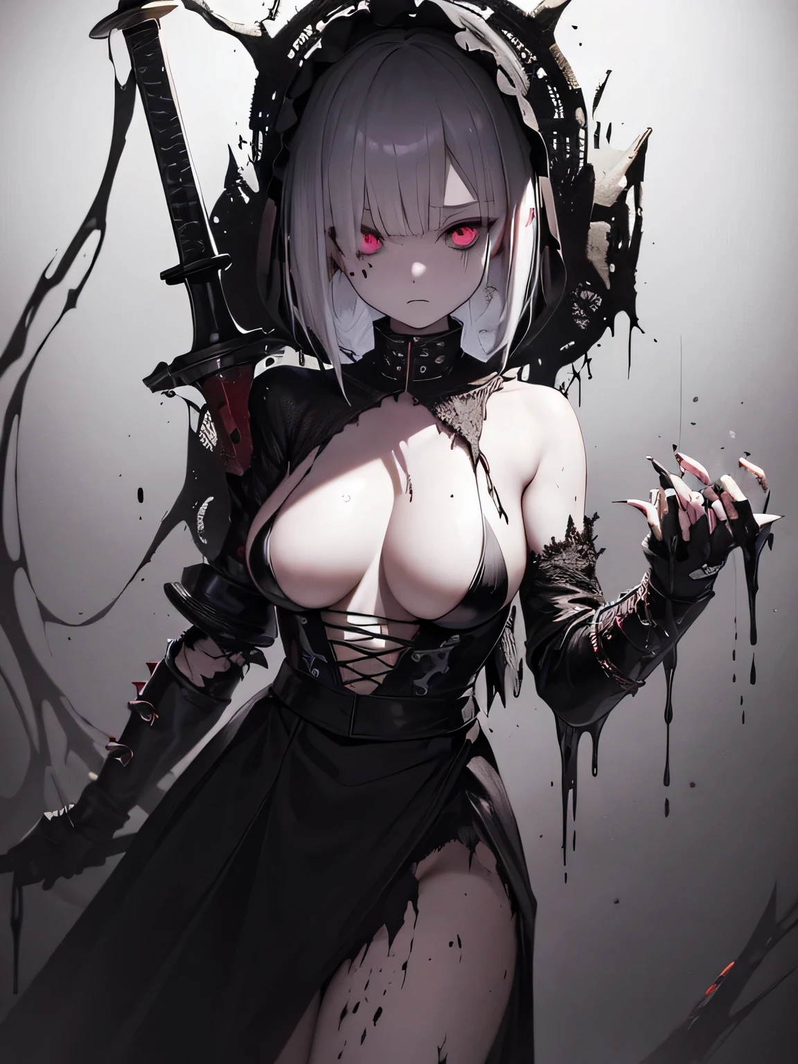 (horror art), ((dark tentacle horror)), dark anime girl, short white hair, (black liquid eyes), black wounds, ((holding a broken massive sword)), long skirt made of broken iron, Pierced plate armor, black oil fluids, refuge, highly detailed art