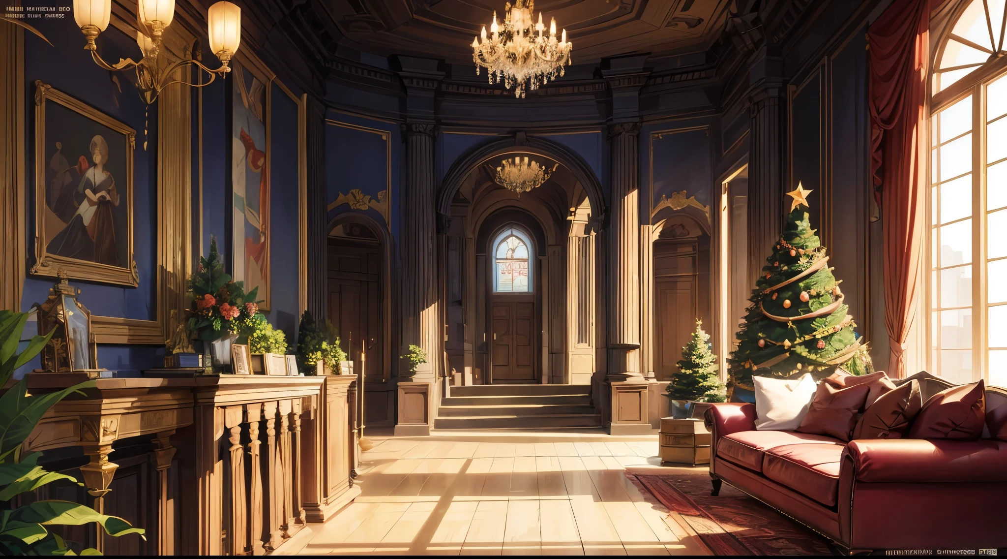 bright, (((cartoon style))), (inside of a large rich house hall with New Year's decorations), ((night)), christmas, in the background there is a staircase leading to the second floor and a window with rich velvet curtains, a rich house inside, no snow, no human, illustration for children, fantasy art, masterpiece, detailed, intricate, 4k, art