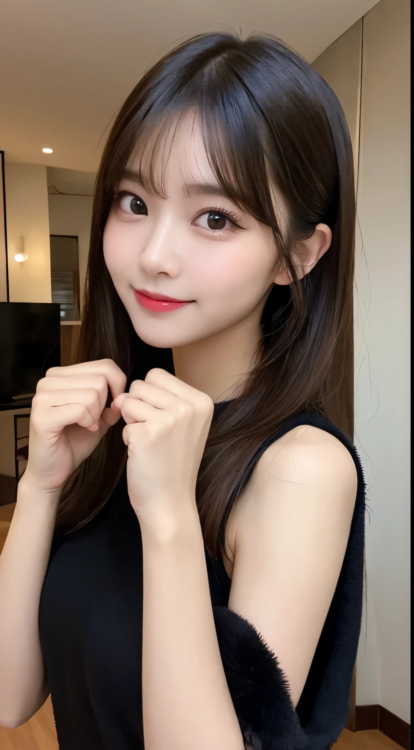 masutepiece, Best Quality, Illustration, Ultra-detailed, finely detail, hight resolution, 8K Wallpaper, Perfect dynamic composition, Beautiful detailed eyes, Gorgeous black fluffy Tokyo winter clothes,random cute hair,small tits,Natural Color Lip, Bold sexy poses,Smile、20 years girl、Cute、Sexy shot looking at camera,常にBlur the background,Perfect and beautiful face,Take only the face,beautiful and detailed face、slim face and style,Big eyes、Do gal makeup、Living room of luxury designer tower apartment、Blur the background、Cute hairstyles、pretty pose、fist punch to the camera（Stick out your right hand）