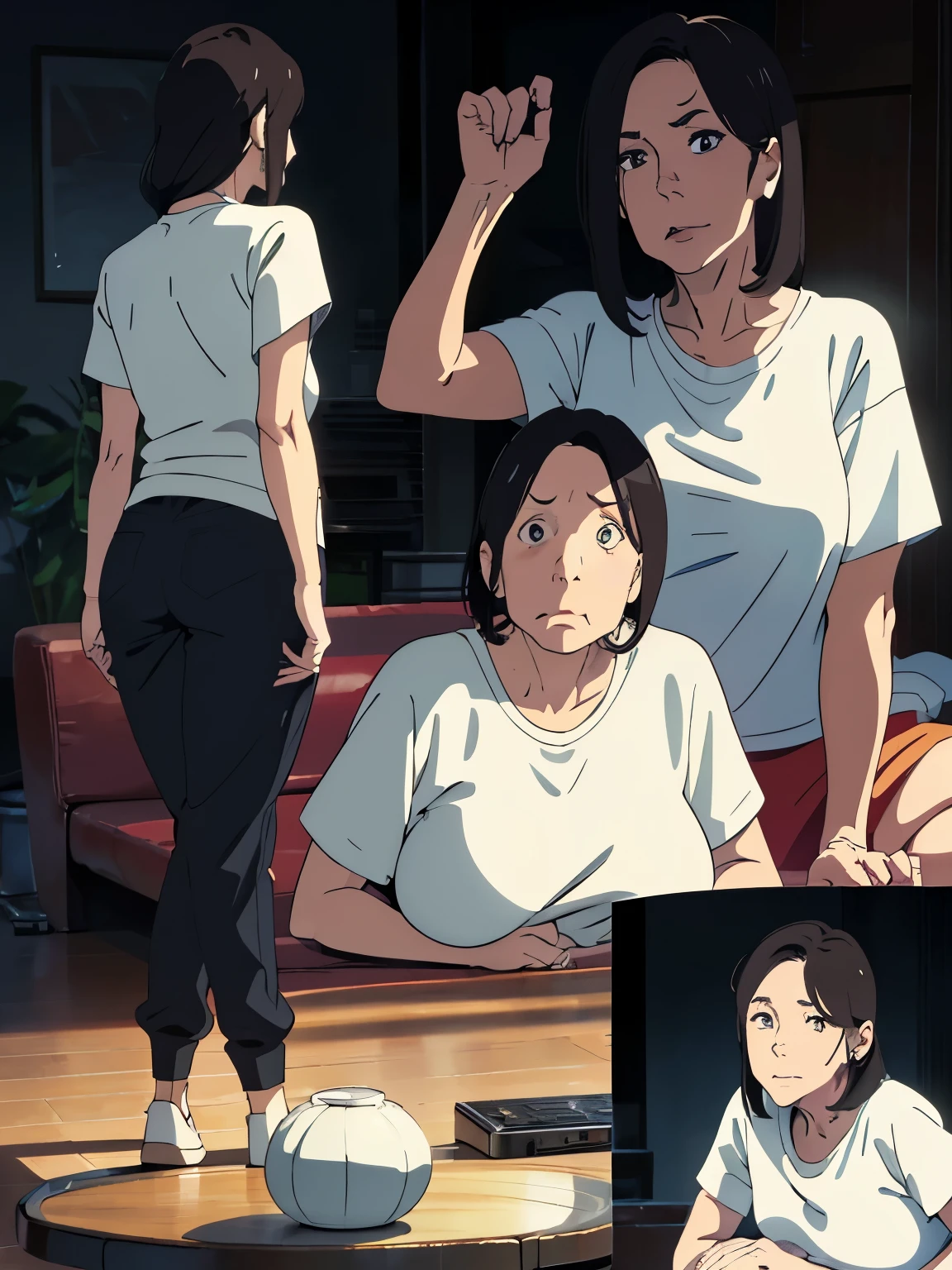 ((Best Quality,4K,8K,masutepiece)), 1woman,T-shirt, sweat pants, room slipper, sofa, A woman is sitting on the sofa and watching TV, (CharacterDesignSheet:1.3, Same character, front, Side, Back,Various expressions) , (multiple views), from below, (Anime style:1.3), (hyperdetailed body), (hyperdetailed Face), (Narrow eyes), (((tareme))), (((Mother:1.3))), (Mature Woman),(woman, 50 years old), (Large breasts:1.1), (Large buttocks:1.2), sagging breasts, droopy chest, Swaying breasts, bouncing breasts, Natural wrinkles, wrinkled Face, (Plump body:1.3), Chubby, Voluptuous, Dark hair, medium bob hair, Forehead, long Face, night, living room, Moody lighting, Japanese anime, (Dark background:1.3), (full body:1.3),