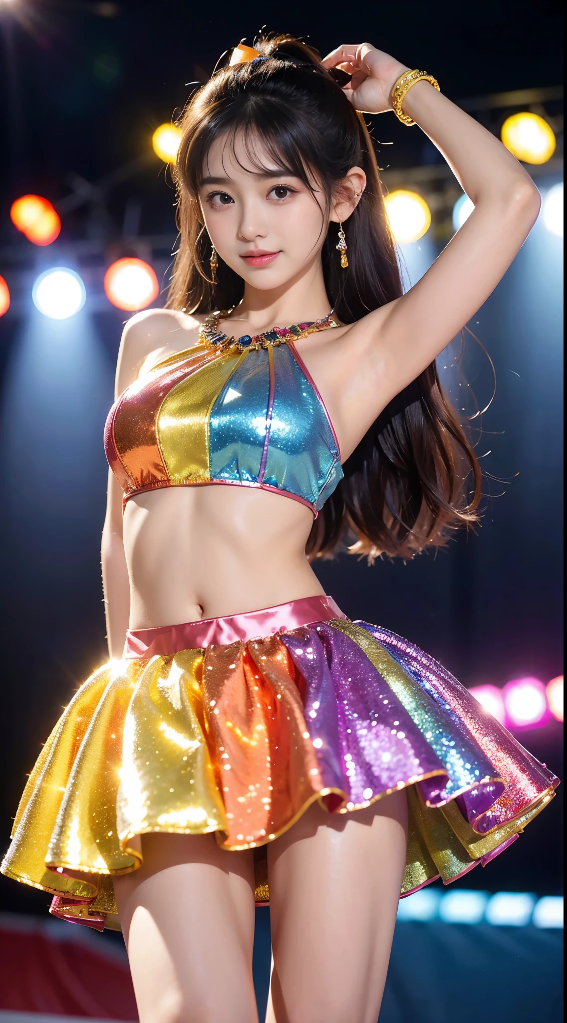 (8K、Raw photography、Photorealsitic:1.25)、1little girl、(16 year old woman with beautiful perfect face、Expressing the joy of dancing with color)、Pose with legs raised high、、Looking at the camera、Line Dance、lipgloss、long eyelashes beautiful look、shiny bare skin、top-quality、超A high resolution、(Idol costumes、Stage costumes with many jewels shining、costumes with many colors:1.5)、Bask in the lights on the stage、a miniskirt、Photograph the whole body、Reduce depth of field