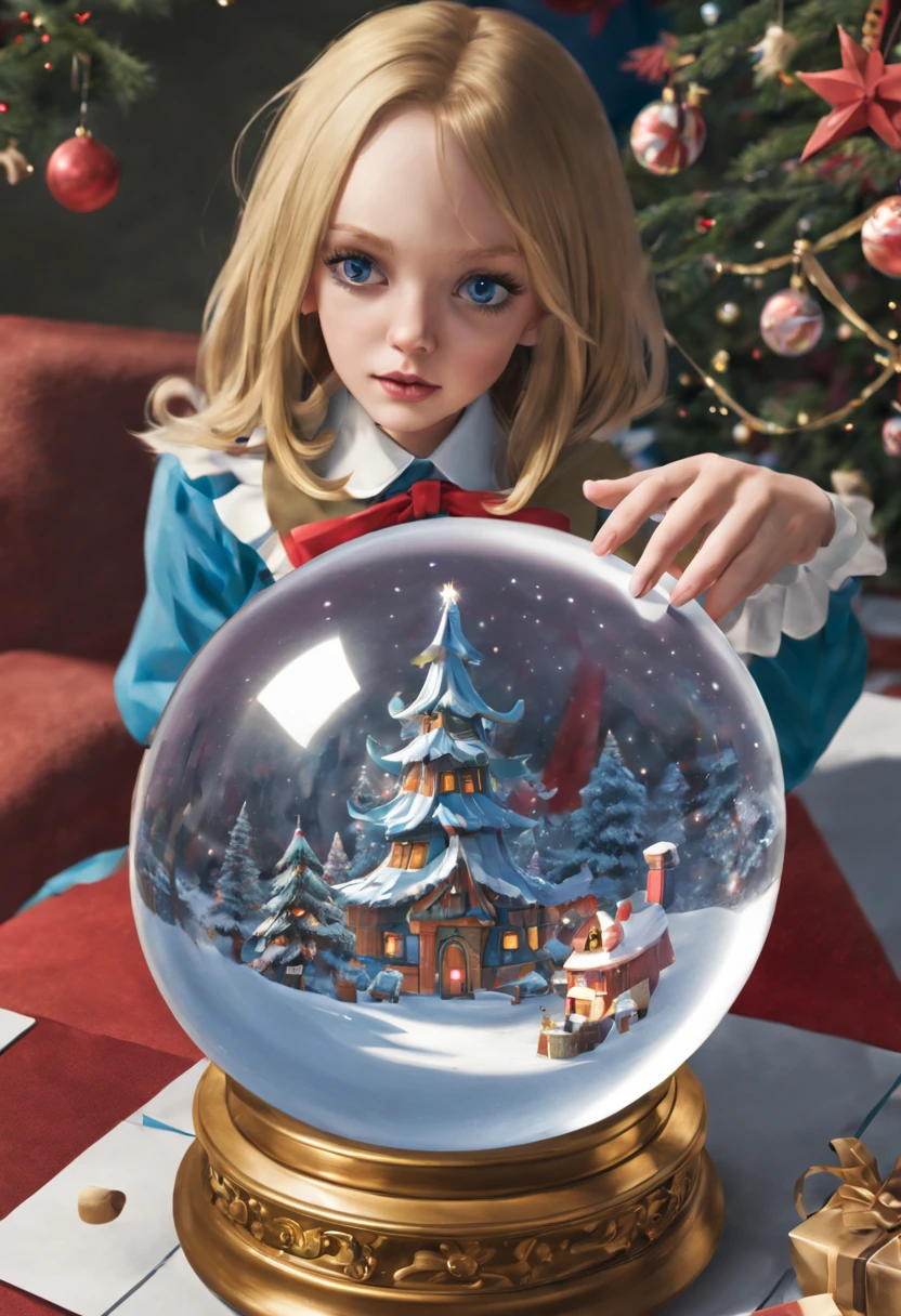 <lora:snow_globe:0.8>, snow_globe, in container,masterpiece, best quality, highres, aaerina, long hair, red bow, striped bow, blazer, blue jacket, long sleeves, plaid skirt, brown skirt, black thighhighs, <lora:nakiri_erina_v1:0.7>, crossed arms, indoors, classroom