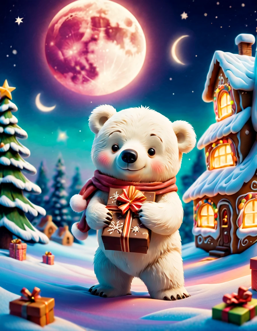 Best quality, 8K, A high resolution, tmasterpiece:1.2), ultra - detailed, (actual, realistically:1.37), Vibrant colors, Magical atmosphere, Whimsical, Sparkling,Fantasy Christmas World, themoon,(Snowy night in Christmas town),((In the middle of the picture,Cute little polar bear wearing santa hat,Holding a book and a bag of cookies, Pour cookies into gift box,The chocolate bird lands on the gingerbread man,Christmas elements)),((Christmas tree,Sweets and snacks,sucrose,Christmas gifts)), and decorations, Lovely design style, natta,sky sky,moon full,Shown in this beautiful scene, Vibrant colors, hyper realisitc的, Psychedelic, Complicated details, Beautiful texture, Ethereal, like a dream, Soft glowing light, Charming Patterns, Fantasy creatures, Hidden surprises, dreamlike landscapes, hyper realisitc的 color palette, Mystic aura, hyper realisitc, Enchanting journey, psychedelic trip, vivid imagination, immersive experience, mysterious creature, otherworldly charm, glowing paths, Light up a dreamy and beautiful Christmas, hyper realisitc的天空, Whimsical Christmas elements, a magical encounter, Fascinating artwork