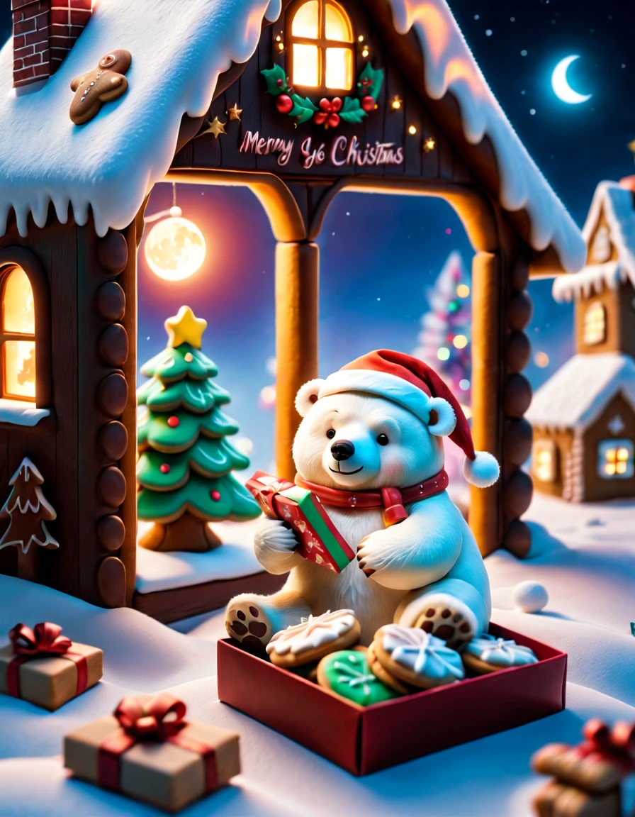 Best quality, 8K, A high resolution, tmasterpiece:1.2), ultra - detailed, (actual, realistically:1.37), Vibrant colors, Magical atmosphere, Whimsical, Sparkling,Fantasy Christmas World, themoon,(Snowy night in Christmas town),((In the middle of the picture,Cute little polar bear wearing santa hat,Holding a book and a bag of cookies, Pour cookies into gift box,The chocolate bird lands on the gingerbread man,Christmas elements)),((Christmas tree,Sweets and snacks,sucrose,Christmas gifts)), and decorations, Lovely design style, natta,sky sky,moon full,Shown in this beautiful scene, Vibrant colors, hyper realisitc的, Psychedelic, Complicated details, Beautiful texture, Ethereal, like a dream, Soft glowing light, Charming Patterns, Fantasy creatures, Hidden surprises, dreamlike landscapes, hyper realisitc的 color palette, Mystic aura, hyper realisitc, Enchanting journey, psychedelic trip, vivid imagination, immersive experience, mysterious creature, otherworldly charm, glowing paths, Light up a dreamy and beautiful Christmas, hyper realisitc的天空, Whimsical Christmas elements, a magical encounter, Fascinating artwork