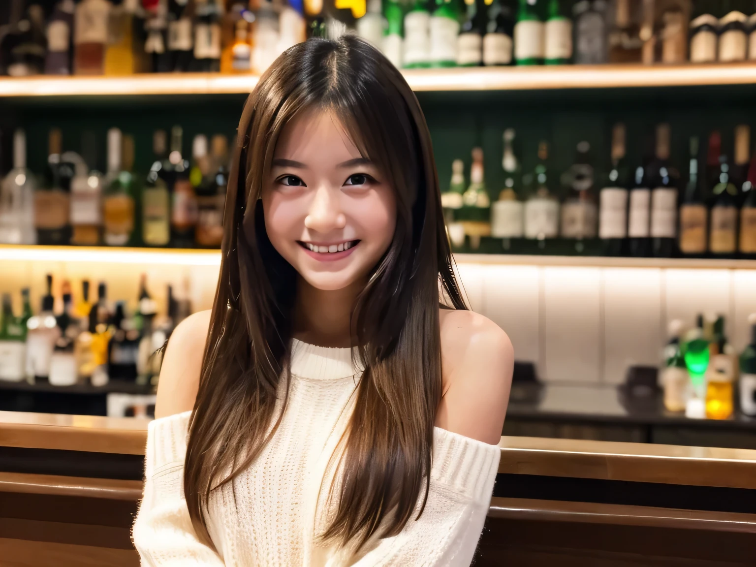 Adult face , master piece , Best Quality , Long hair , a matural female , White sweater , Japanese , 20 yo,(((Upper body))) , Smile, In the bar ,Night