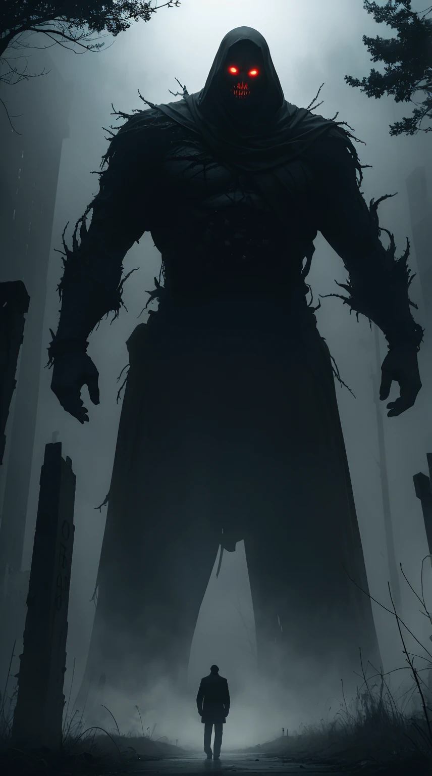 Generate an eerie and suspenseful AI artwork featuring a colossal, ominous entity looming behind a lone man. Picture the man in a tense stance, unaware of the menacing presence lurking in the shadows. Craft the mysterious entity with unsettling details, blending darkness and monstrous features. Consider the use of atmospheric elements like fog or dim lighting to enhance the suspense. Infuse the scene with a palpable sense of foreboding, leaving viewers on the edge of their seats. This prompt aims to create a chilling and captivating visual narrative, inviting viewers to explore the unsettling encounter between the man and the enigmatic, giant creepy entity that lurks ominously behind him