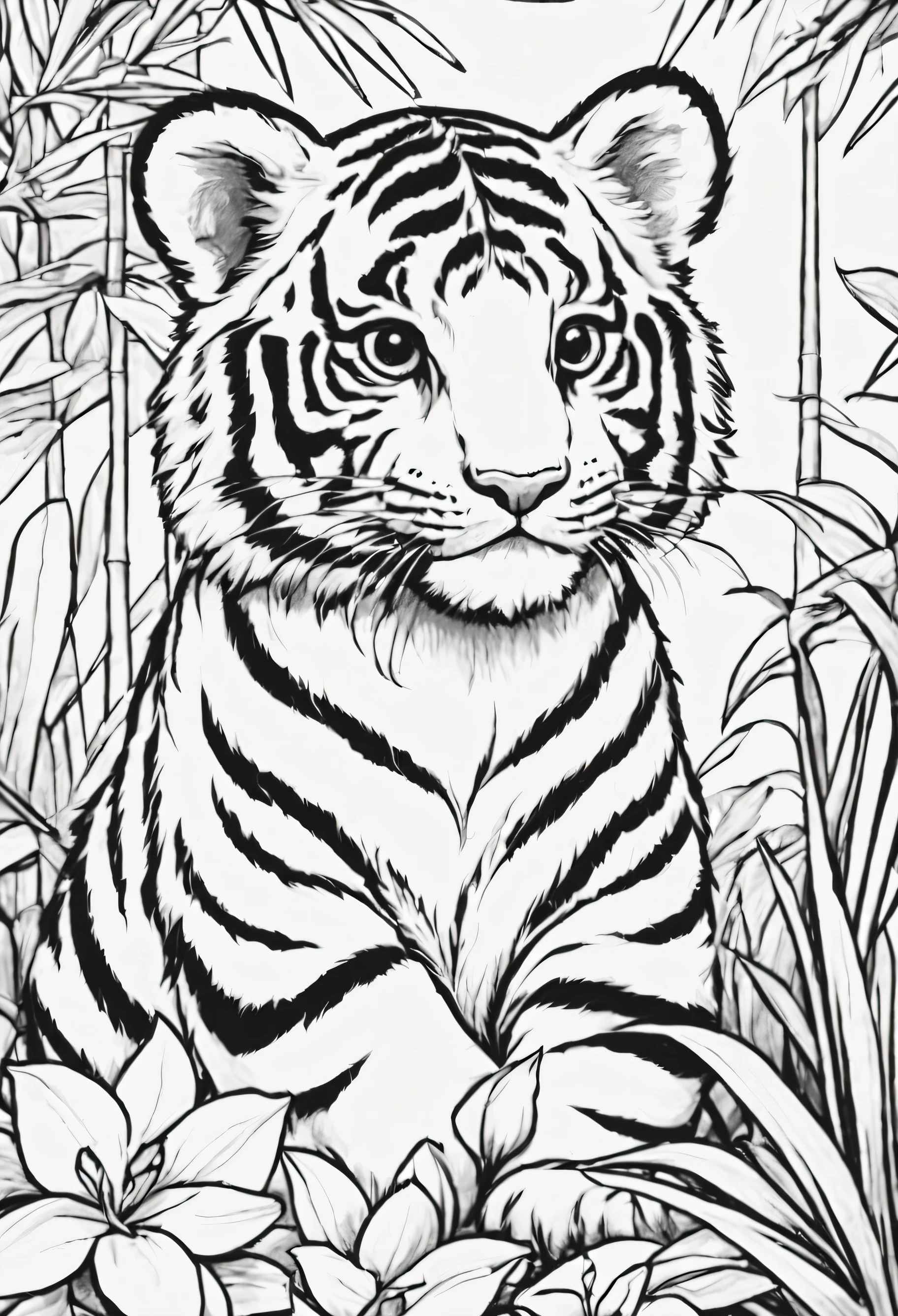 Line drawing, Pixar style, coloring page, A cute tiger cub resting among vibrant orchids in an Asian-inspired bamboo forest, ColoringBookAF,blank white background,ColoringBookRedmond-ColoringBook