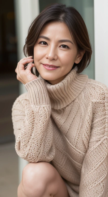 Best Quality, hight resolution, Hires, Skin definition, Detailed skin, Detailed eyes, Detailed face, 4K, 日本人A MILF, ((独奏)), (((55 years old))), (Wrinkles at the corners of the eyes:1.6), (nasolabial folds:1.3), A MILF, glamor, A sexy, Chromo-white skin, ((Shorthair)), Looking at Viewer,(((my skin is old))), ((muscles are old)), (((A slender))), ((Saggy udder)), (Saggy buttocks), ((Japanese Models)), 4K, (photoRealistic:1.5), Realistic, nffsw, Beautiful, Bimbo, Perfect makeup, small diamond necklace, piercings, ((Brown coat, White turtleneck sweater, Argyle pattern pleated skirt, Black long boots )), ssmile, Public places, Spread legs,Squatting