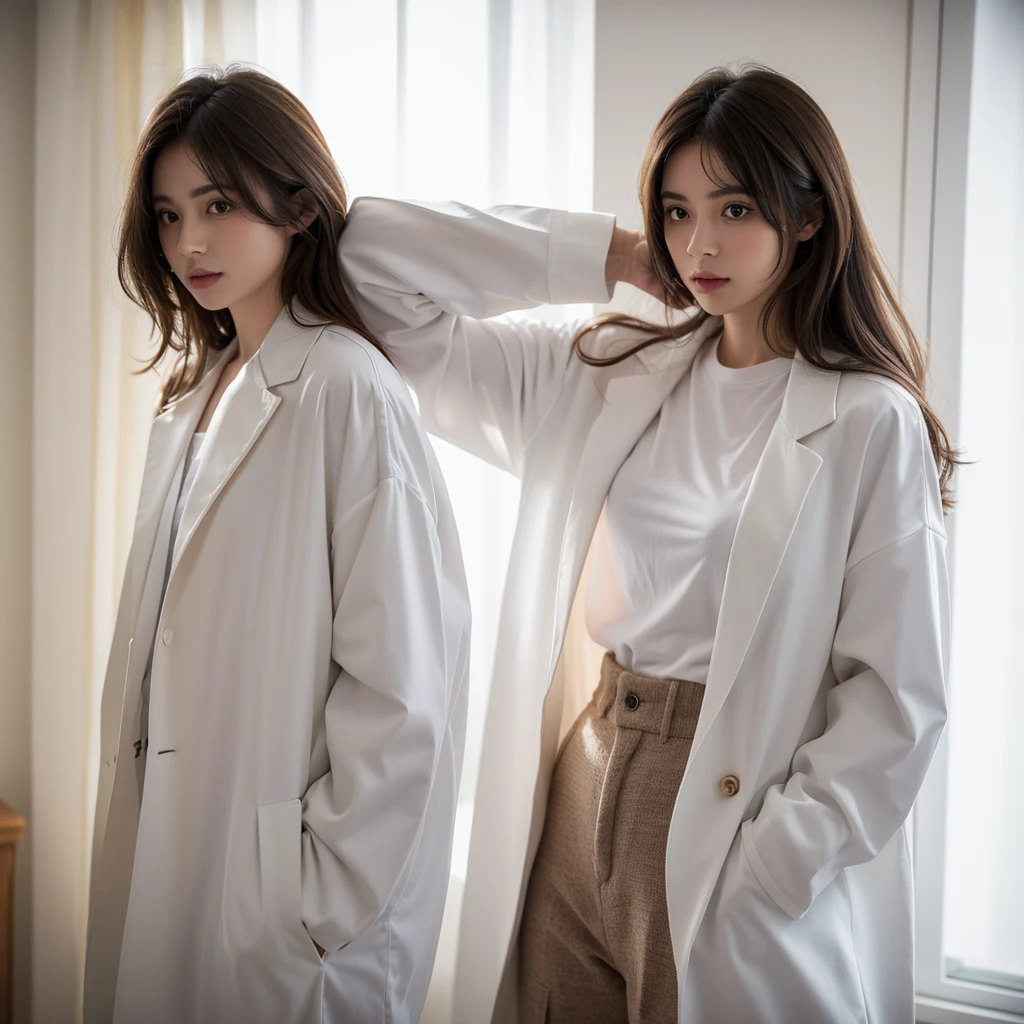 Punch，inside in room，Manteau blanc，The shirt，sunlights，janelas