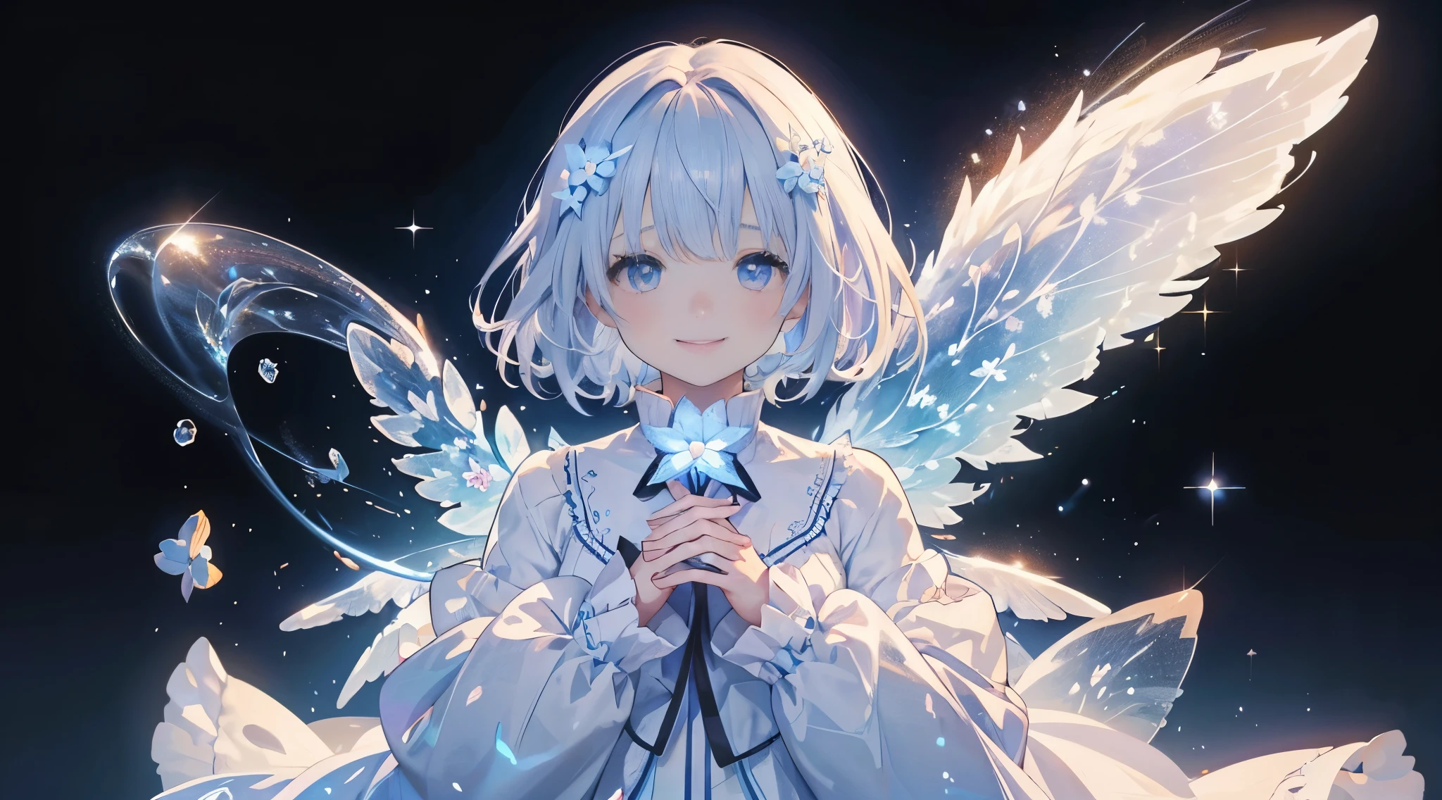 (1girl in:1.3)、(Fractal Art:1.3)、white hair、short-hair、Spread your shining wings with both hands、embrace your heart、I'll give you the diamond light、forget-me-not blue light、The ever-blooming forget-me-nots are rooting for you..、No problem、side lights、A smile、The background is a clear blue sky