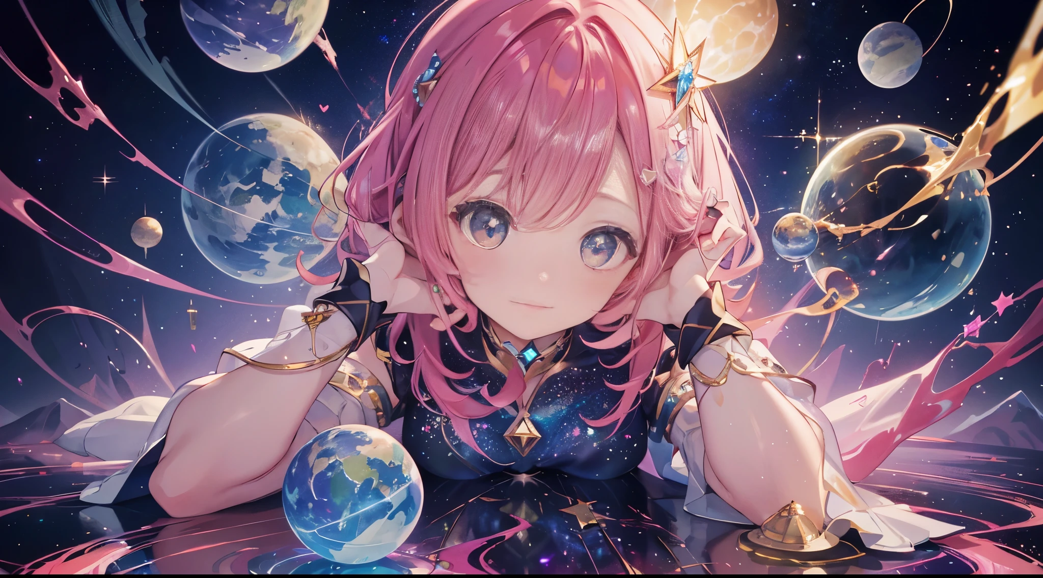 Masterpiece designs by the world's top AI artists, top-quality, 8K, High image quality, 、From diagonally above、Push up the heart-shaped diamond held in one hand、(Paint splashes)，Colorful ，Glow Color，lamplight，beautiful a girl，(full body Esbian)，Look at the camera、Glass-like outfits，Sleeves glow，cute little，Light in the eyes、embrace the earth with both hands、the universe expands infinitely、I don&#39;t even have time to breathe、A treasure trove of possibilities、Interdimensional space、detail precision cyber city、glitter spark、The background is planets and stars