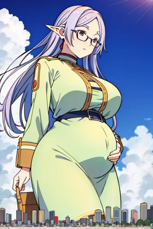 (Masterpiece) Giant maiden，Moe two-dimensional style，Pregnancy status，Round belly, Huge breasts, Thick thighs，Gaze at the bustling city, Lying down, Glasses, Full body