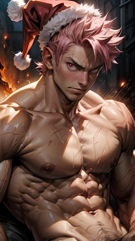 ((upper body)) masterpiece, best quality red eyes, game cg, 1boy adult man, (naked:1.2) rugged adult face, solo, male focus, looking at viewer, upper body, Natsu Dragneel natsu_dragneel, pink hair, red eyes, (shirtless naked), toned muscle, pectorals, 8 abs, toned legs, naked, slightly bulged, (large fire:1.5) and ember (particle effects:1.2), detailed, dynamic lighting, well lit, (fire on skin:1.2), (skin burning:1.2), (eyes on fire:1.2) (pink pubic hair:1.5), (penis:1.2) ((view from a distance)) ((Santa hat))