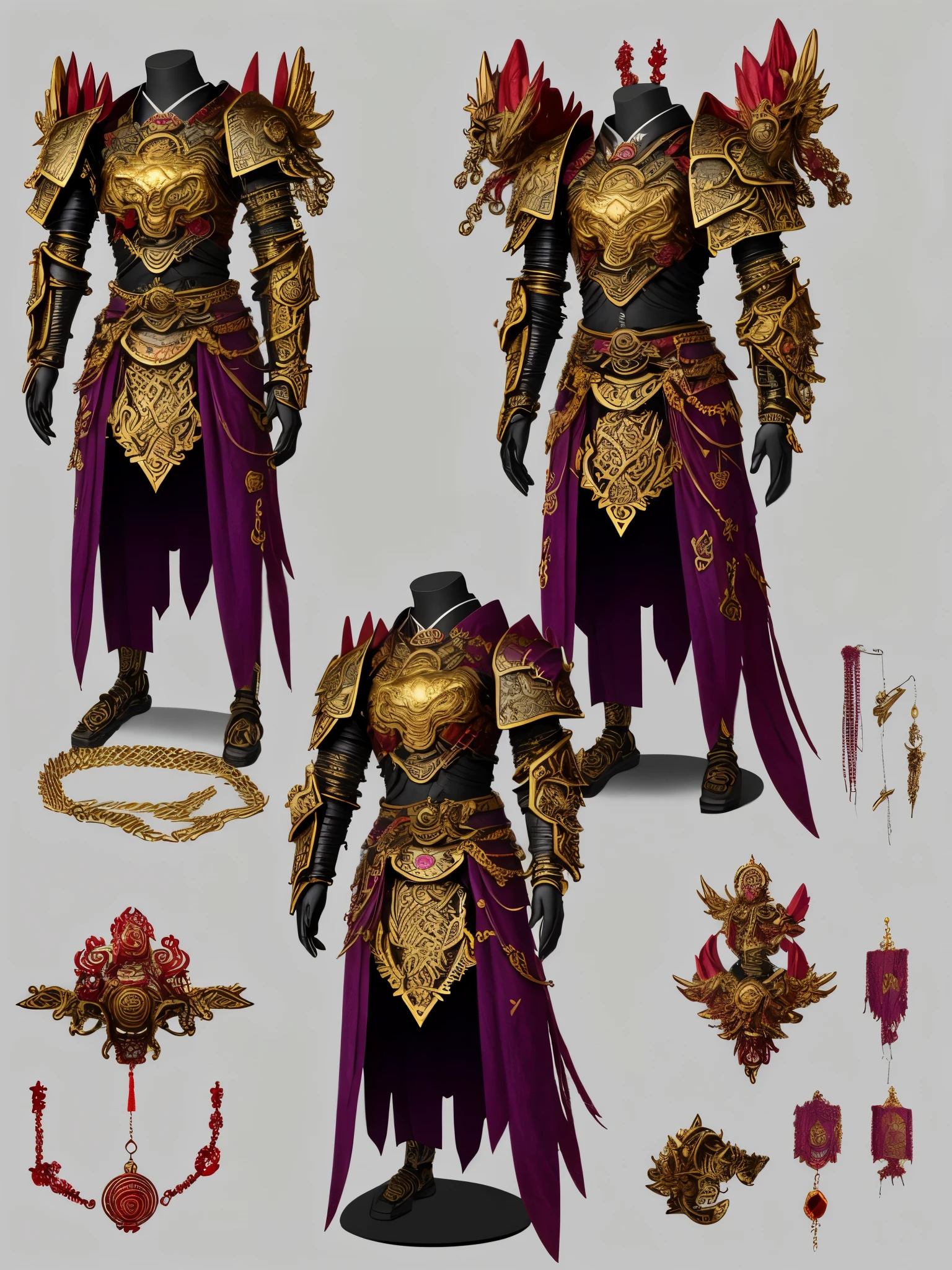 Help me draw an armor with a main body in red, a fusion of ancient Chinese elements and Warhammer 40K style, and a purple and gold seven-star crown on its head.,Stepping on the clouds,Wearing chain gold armor,Holding a ruyi gold hoop rod in hand