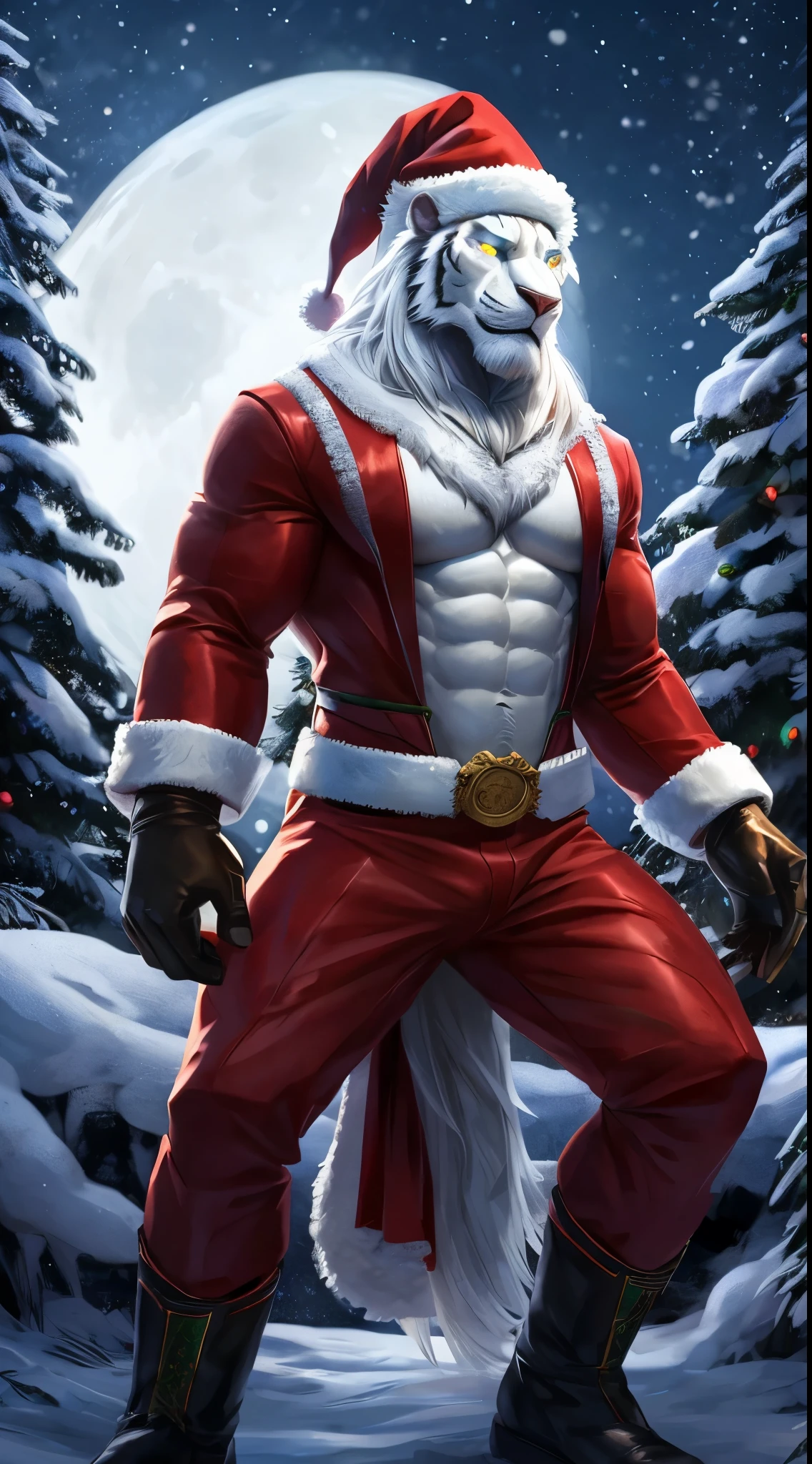 tiger male, full body covered in fluffy fur, , big muscular chest, volumetric abs, day, , detailed, uploaded to e621, beautiful and detailed portrait of an anthropomorphic white lion (((male))) , ruan jia, uploaded to e621, movie lighting, moon lights, tree christmas, glowing eyes, white fur, long white mane of hair, wear christmas hat, wear christmas clothes, wear Cotton White Gloves, wear leather riding boots, christmas box
