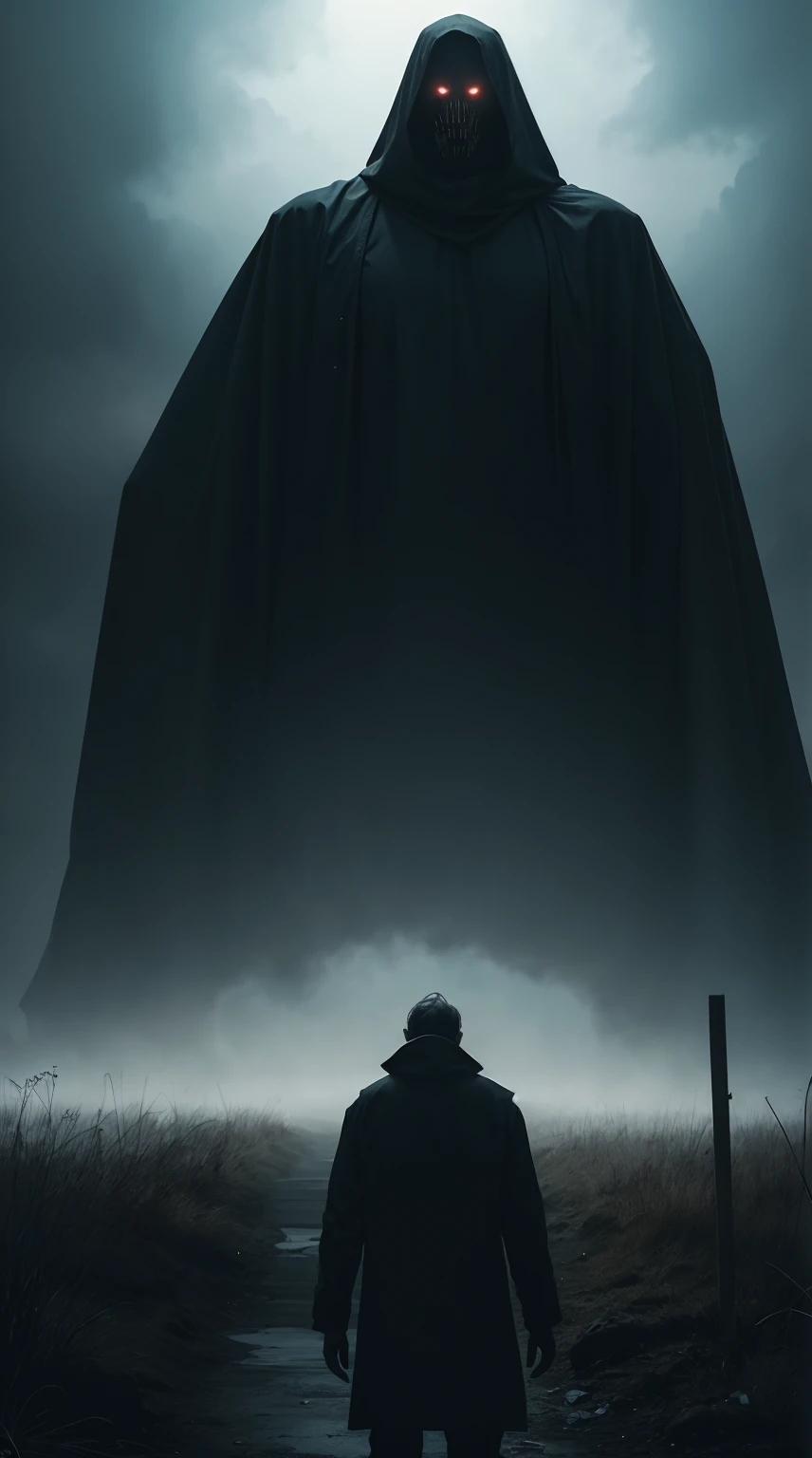 Generate an eerie and suspenseful AI artwork featuring a colossal, ominous entity looming behind a lone man. Picture the man in a tense stance, unaware of the menacing presence lurking in the shadows. Craft the mysterious entity with unsettling details, blending darkness and monstrous features. Consider the use of atmospheric elements like fog or dim lighting to enhance the suspense. Infuse the scene with a palpable sense of foreboding, leaving viewers on the edge of their seats. This prompt aims to create a chilling and captivating visual narrative, inviting viewers to explore the unsettling encounter between the man and the enigmatic, giant creepy entity that lurks ominously behind him