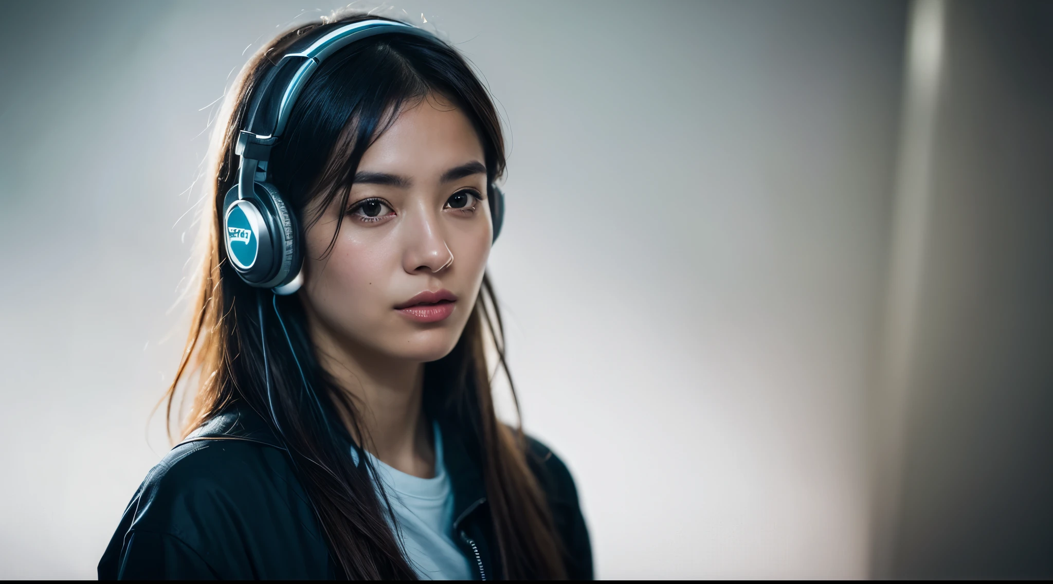 dressed, (photo realistic:1.4), (hyper realistic:1.4), (realistic:1.3), (smoother lighting:1.05), (increase cinematic lighting quality:0.9), 32K, 1girl,20yo girl, realistic lighting, backlighting, light on the face, ray trace, (brightening light:1.2), (Increase quality:1.4), (best quality real texture skin:1.4), finely detailed eyes, finely detailed face, finely quality eyes, (tired and sleepy and satisfied:0.0), face closeup, t-shirt with headphones, (Increase body line mood:1.1), (Increase skin texture beauty:1.1)