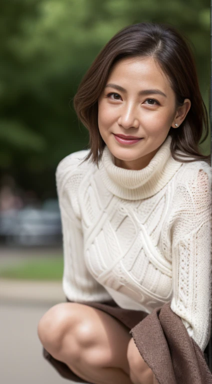 Best Quality, hight resolution, Hires, Skin definition, Detailed skin, Detailed eyes, Detailed face, 4K, 日本人A MILF, ((独奏)), (((55 years old))), (Wrinkles at the corners of the eyes:1.6), (nasolabial folds:1.3), A MILF, glamor, A sexy, Chromo-white skin, ((Wavy Longhair)), Looking at Viewer,(((my skin is old))), ((muscles are old)), (((A slender))), ((Saggy udder)), (Saggy buttocks), ((Japanese Models)), 4K, (photoRealistic:1.5), Realistic, nffsw, Beautiful, Bimbo, Perfect makeup, small diamond necklace, piercings, ((Brown coat, White turtleneck sweater, Argyle pattern pleated skirt, Black long boots )), ssmile, Public places, Spread legs,Squatting