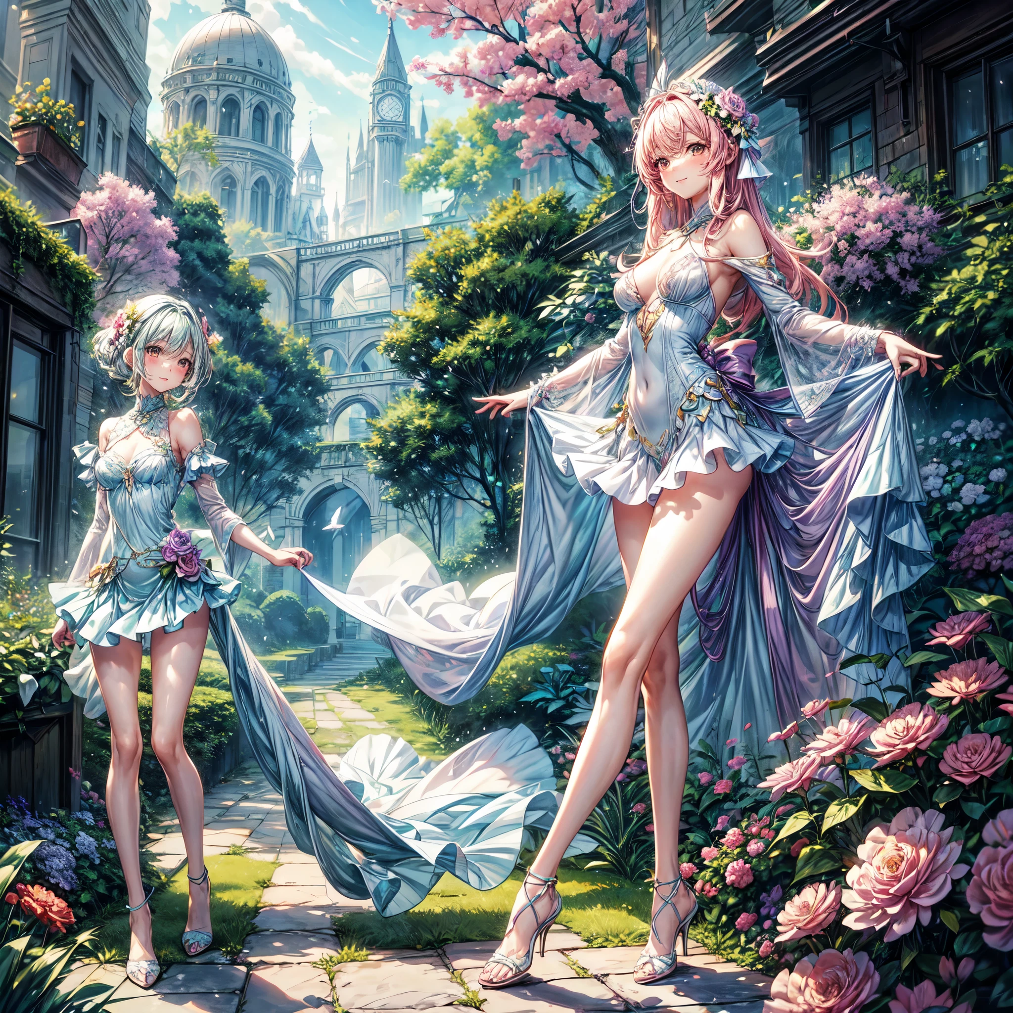 (best quality, 8k, masterpiece:1.2, nsfw ), Cutest,Cute girl, mesugaki, Beautiful face, Beautiful eyes, Beautiful hair, Light pink hair, Lots of colorful flowers, sunshine, peaceful garden, summer dress, smiling, golden hour lighting, vibrant colors, happy expression,　
soft breeze, gentle makeup, freckles, blonde hair, flowing dress, pastel colorairytale atmosphere, fluttering butterflies, dreamy atmosphere), vivid greenery, (Showing a delicate slim figure and graceful curves, beautiful long thin legs, smooth legs muscle, thin legs, slender legs:1.3), smile